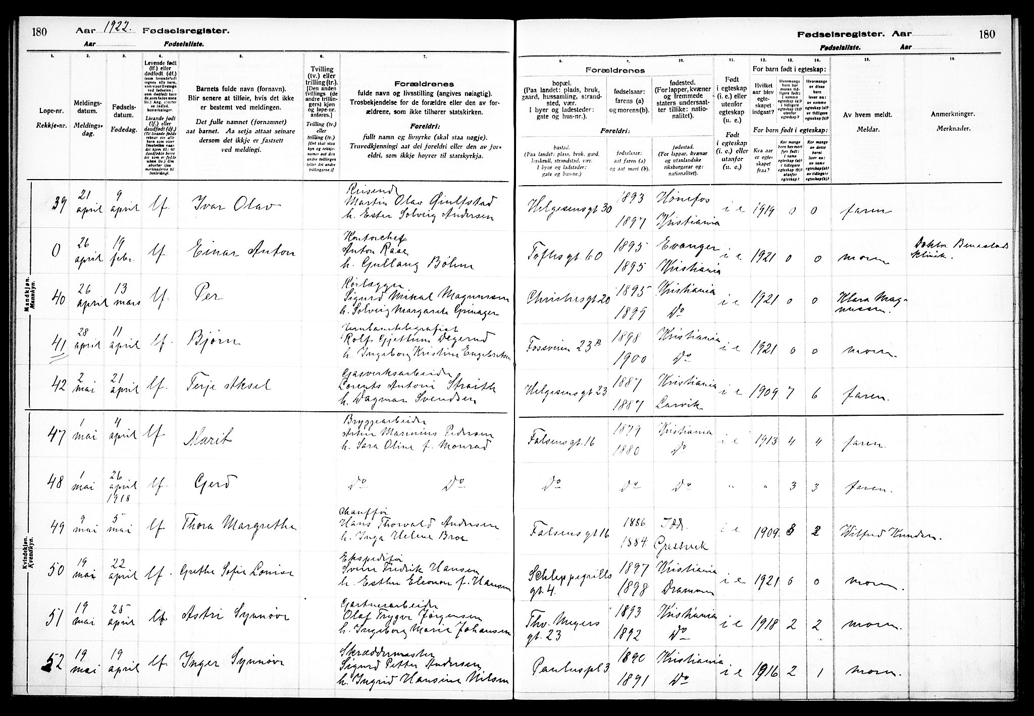 Paulus prestekontor Kirkebøker, AV/SAO-A-10871/J/Ja/L0001: Fødselsregister nr. 1, 1916-1923, s. 180