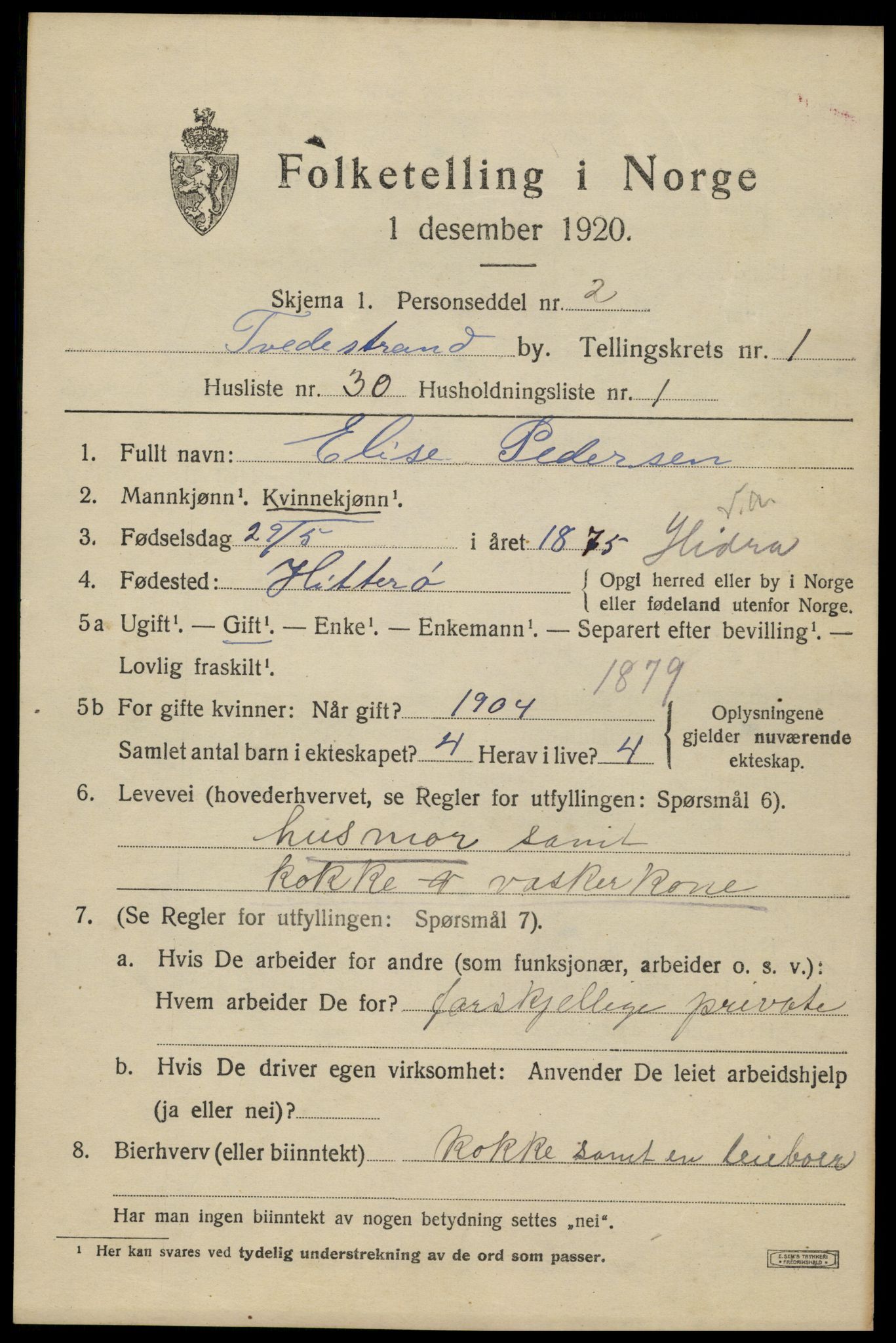 SAK, Folketelling 1920 for 0902 Tvedestrand ladested, 1920, s. 1593