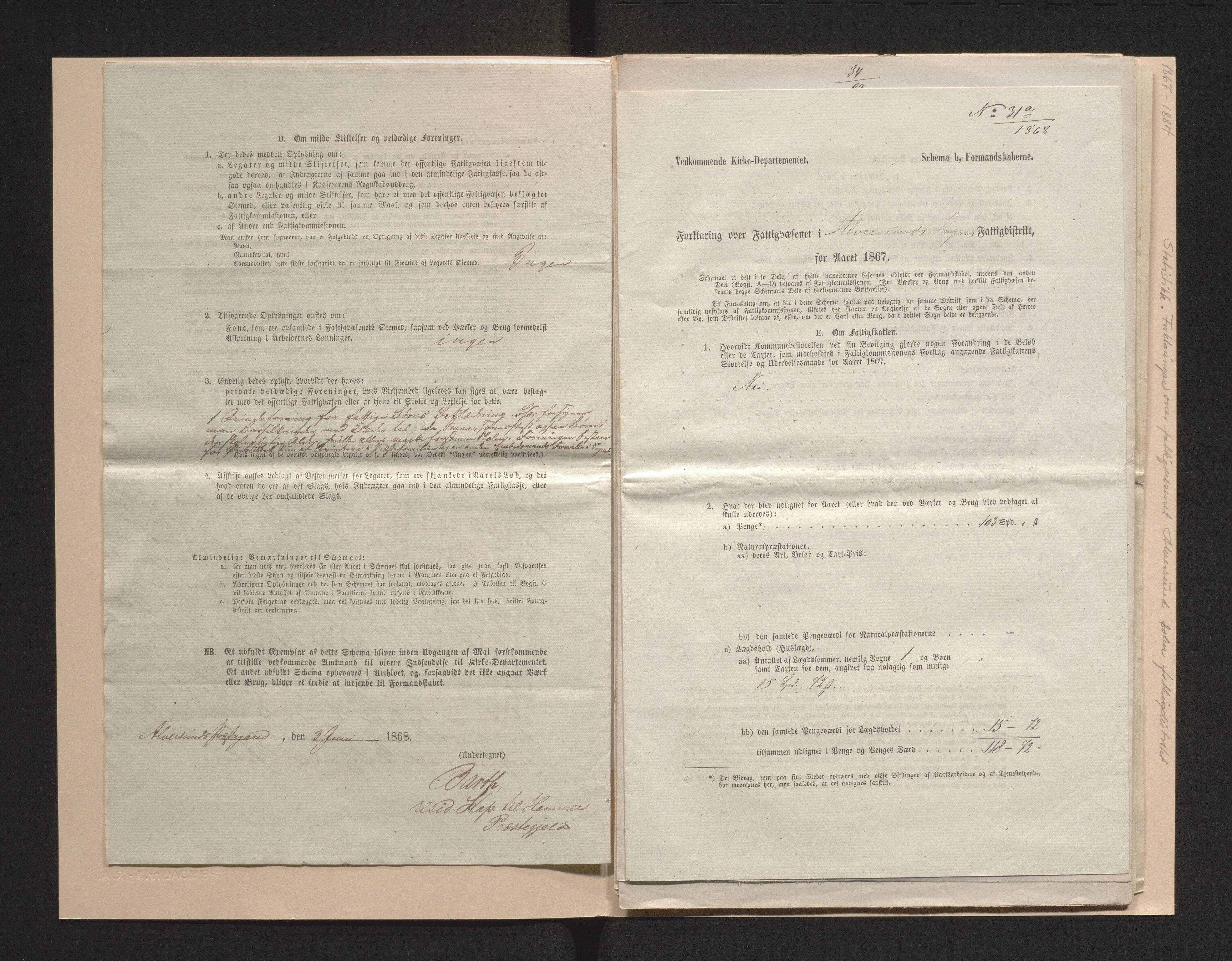 Hamre kommune. Fattigstyret, IKAH/1254-311/S/Sa/L0001/0001: Statistikk. Forklaringar over fattigvesenet  / Statistikk. Forklaringar over fattigvesenet Alversund sokn fattigdistrikt , 1867-1884