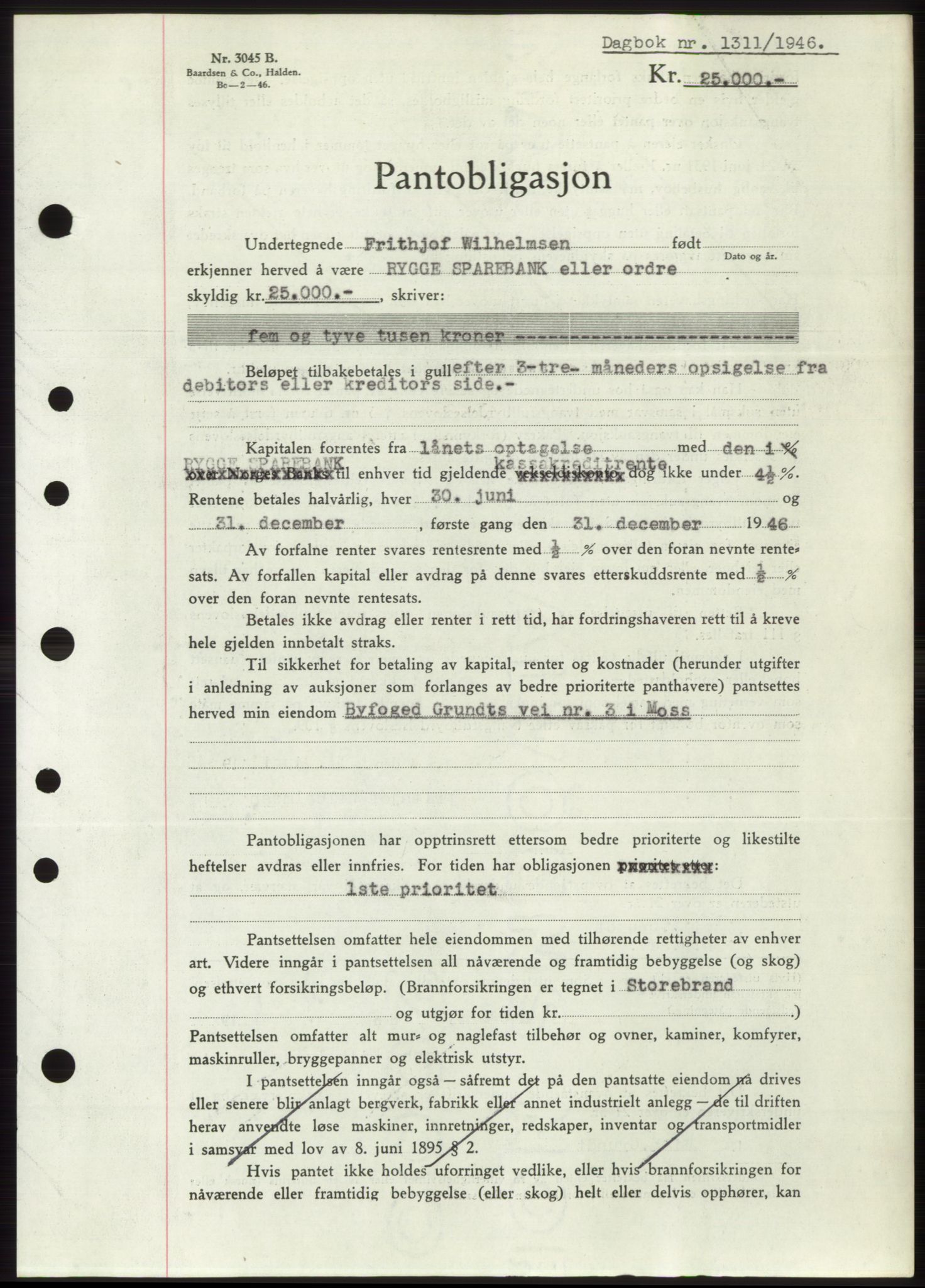 Moss sorenskriveri, SAO/A-10168: Pantebok nr. B15, 1946-1946, Dagboknr: 1311/1946