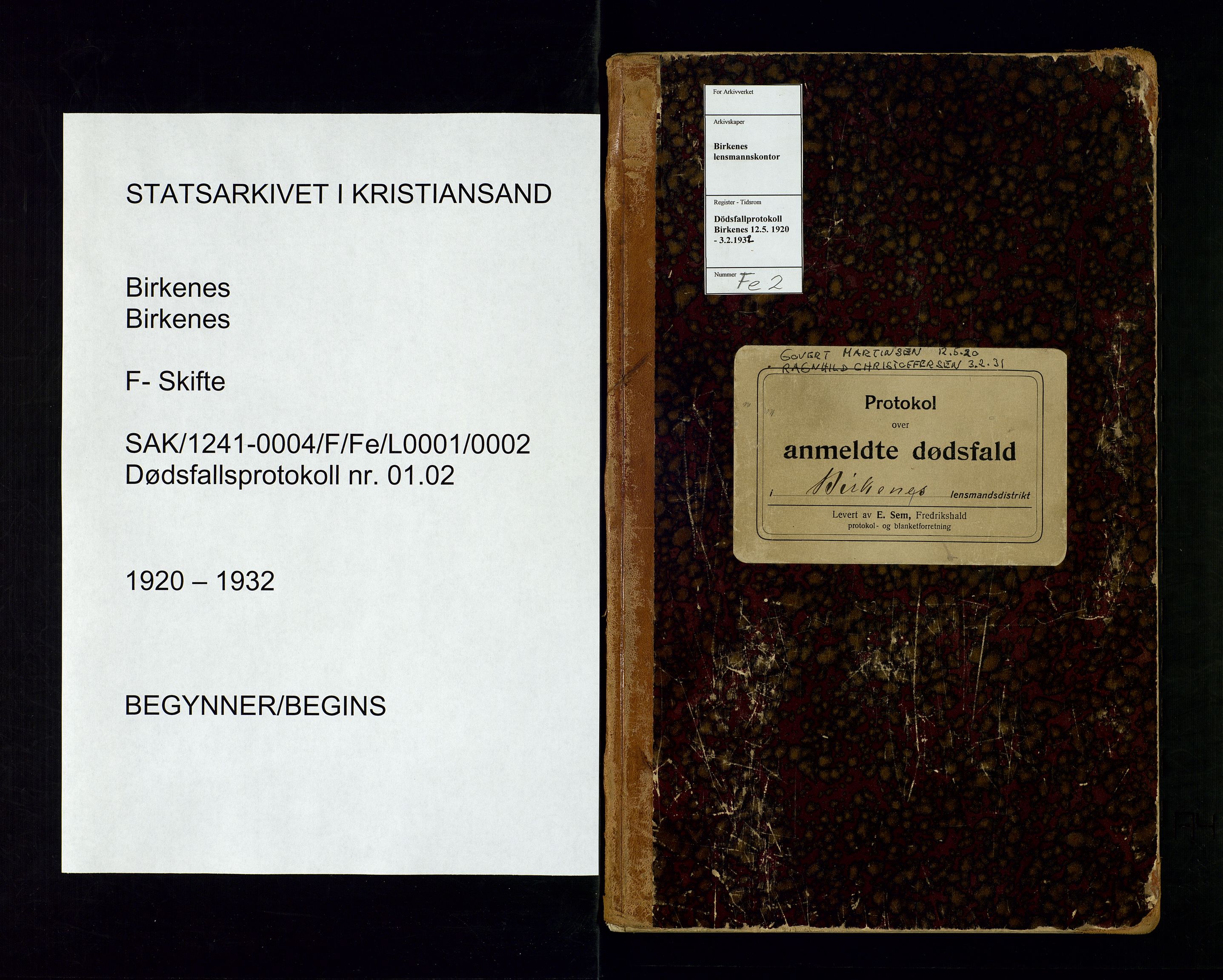 Birkenes lensmannskontor, SAK/1241-0004/F/Fe/L0001/0002: Dødsfallsprotokoller / Dødsfallsprotokoll, 1920-1932