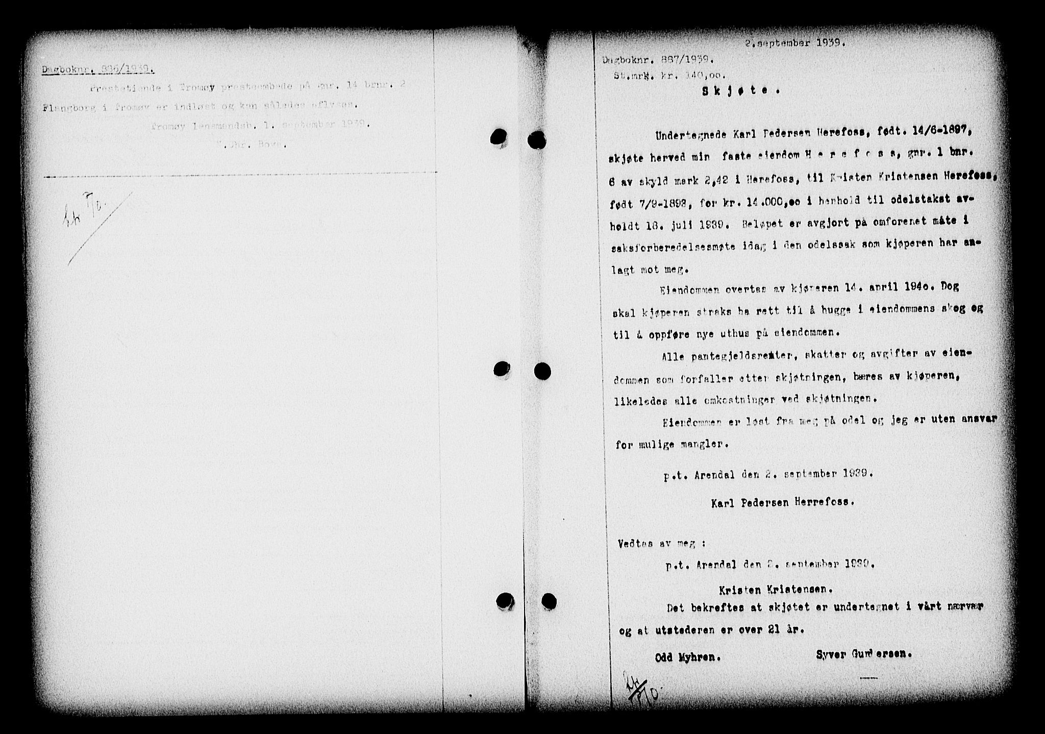 Nedenes sorenskriveri, AV/SAK-1221-0006/G/Gb/Gba/L0047: Pantebok nr. A-I, 1939-1940, Dagboknr: 887/1939
