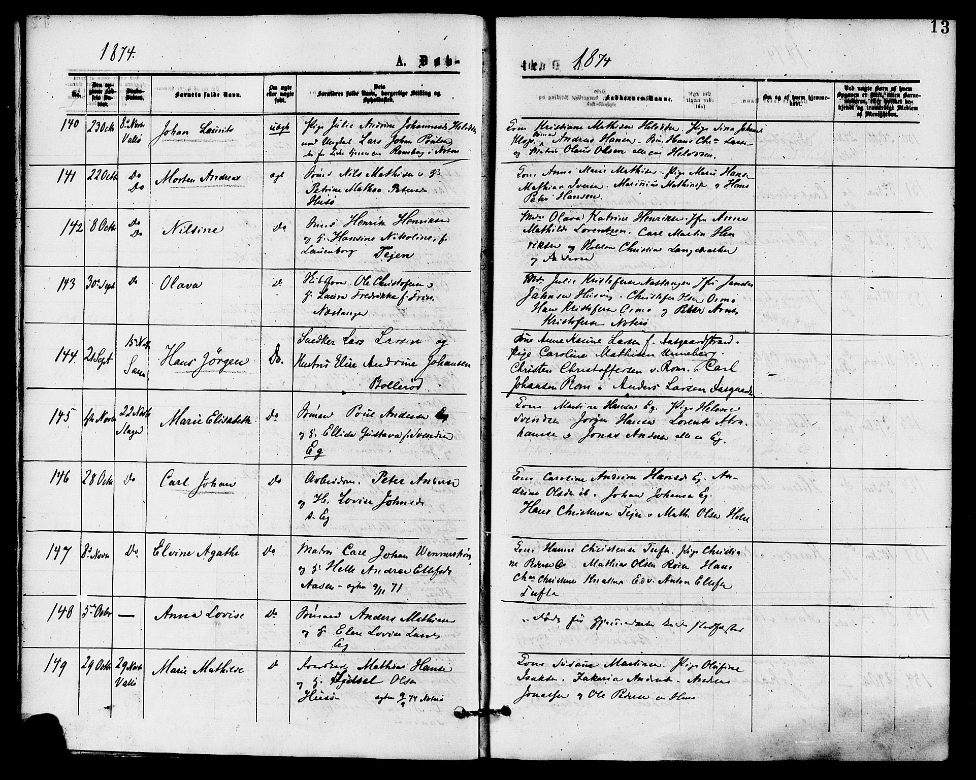 Sem kirkebøker, AV/SAKO-A-5/F/Fa/L0009: Ministerialbok nr. I 9, 1874-1877, s. 13