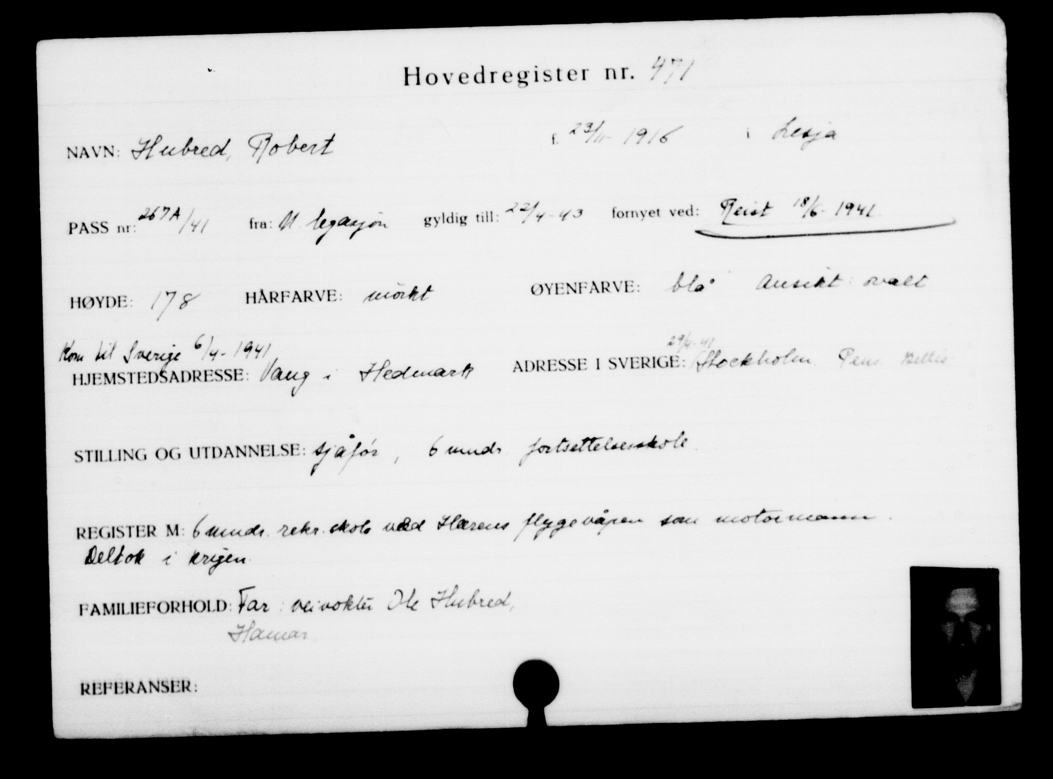 Utenriksstasjonene, Legasjonen i Stockholm, Flyktningkontoret, AV/RA-S-6753/V/Va/L0001: Kjesäterkartoteket, flyktninger med registreringsnr. 1-1000, 1940-1945, s. 731