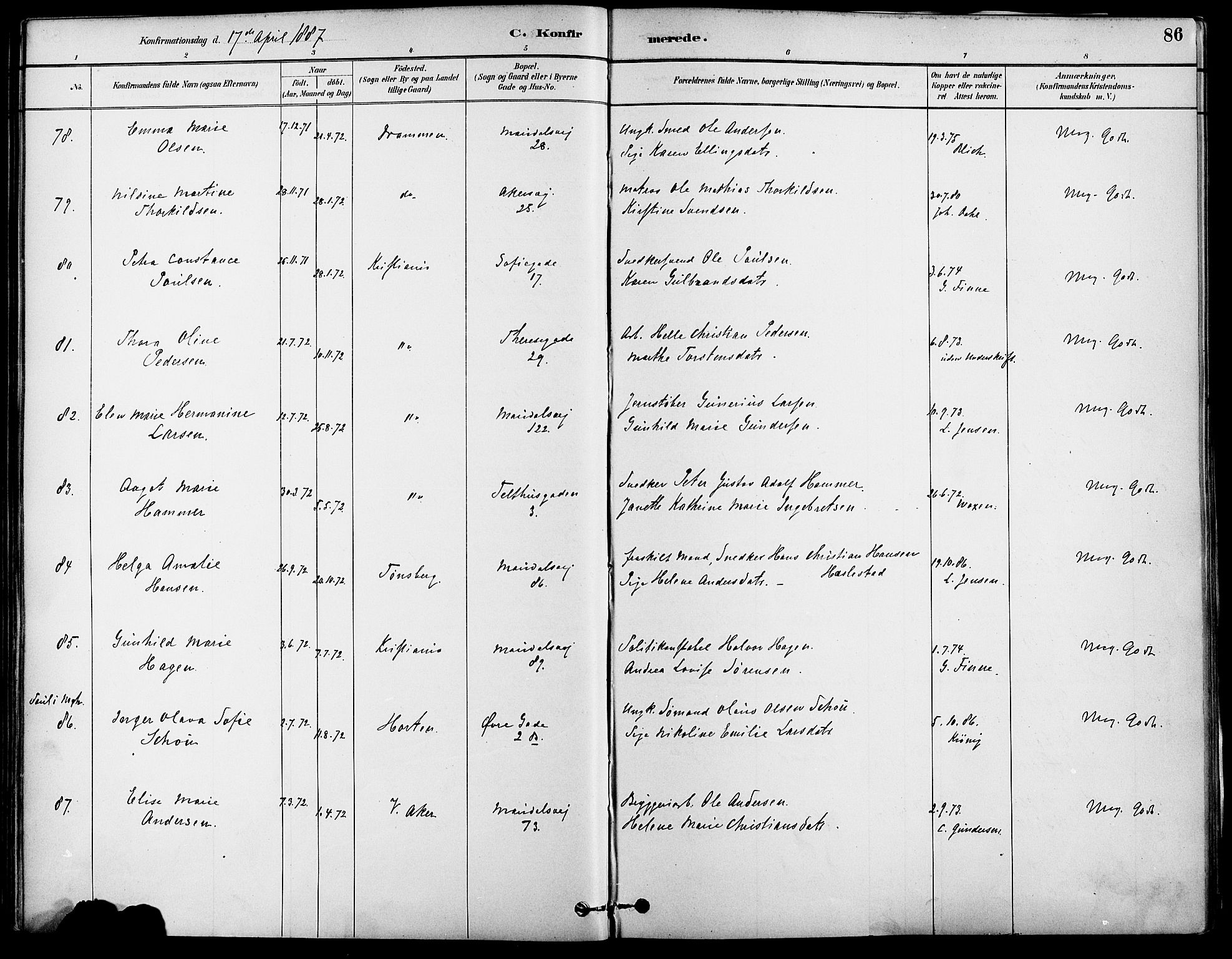 Gamle Aker prestekontor Kirkebøker, SAO/A-10617a/F/L0007: Ministerialbok nr. 7, 1882-1890, s. 86