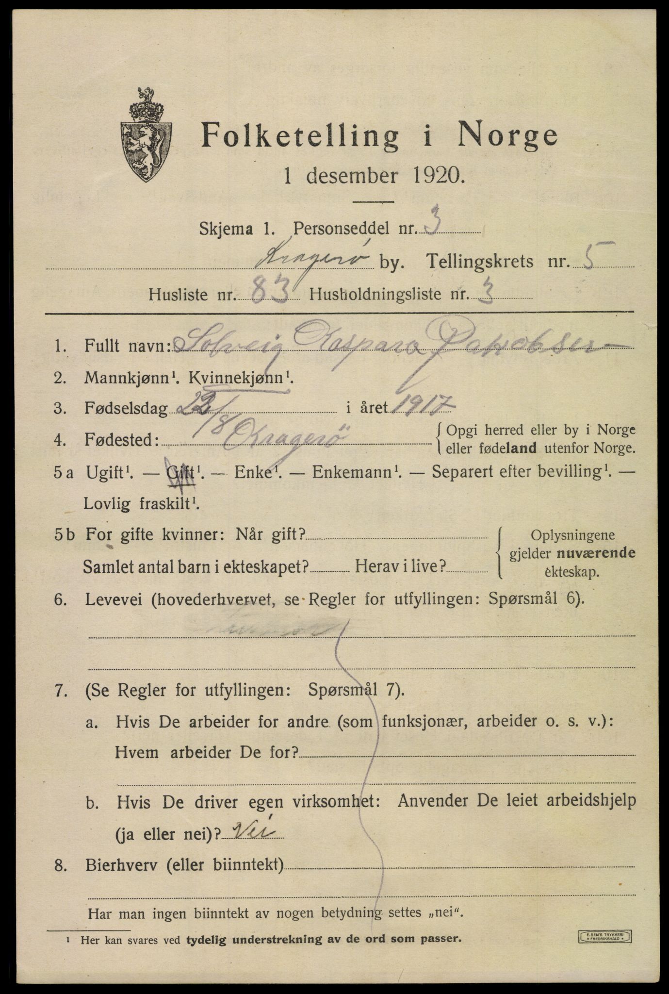 SAKO, Folketelling 1920 for 0801 Kragerø kjøpstad, 1920, s. 9023
