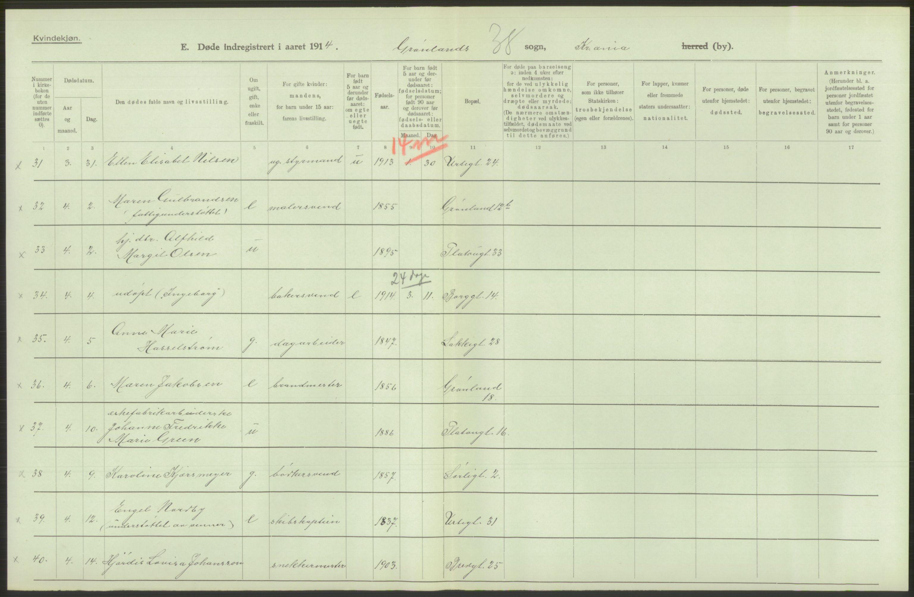 Statistisk sentralbyrå, Sosiodemografiske emner, Befolkning, AV/RA-S-2228/D/Df/Dfb/Dfbd/L0008: Kristiania: Døde, 1914, s. 538