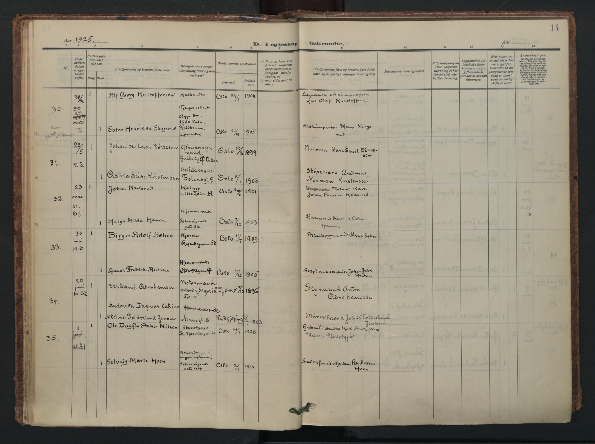 Vålerengen prestekontor Kirkebøker, AV/SAO-A-10878/F/Fa/L0005: Ministerialbok nr. 5, 1924-1936, s. 14