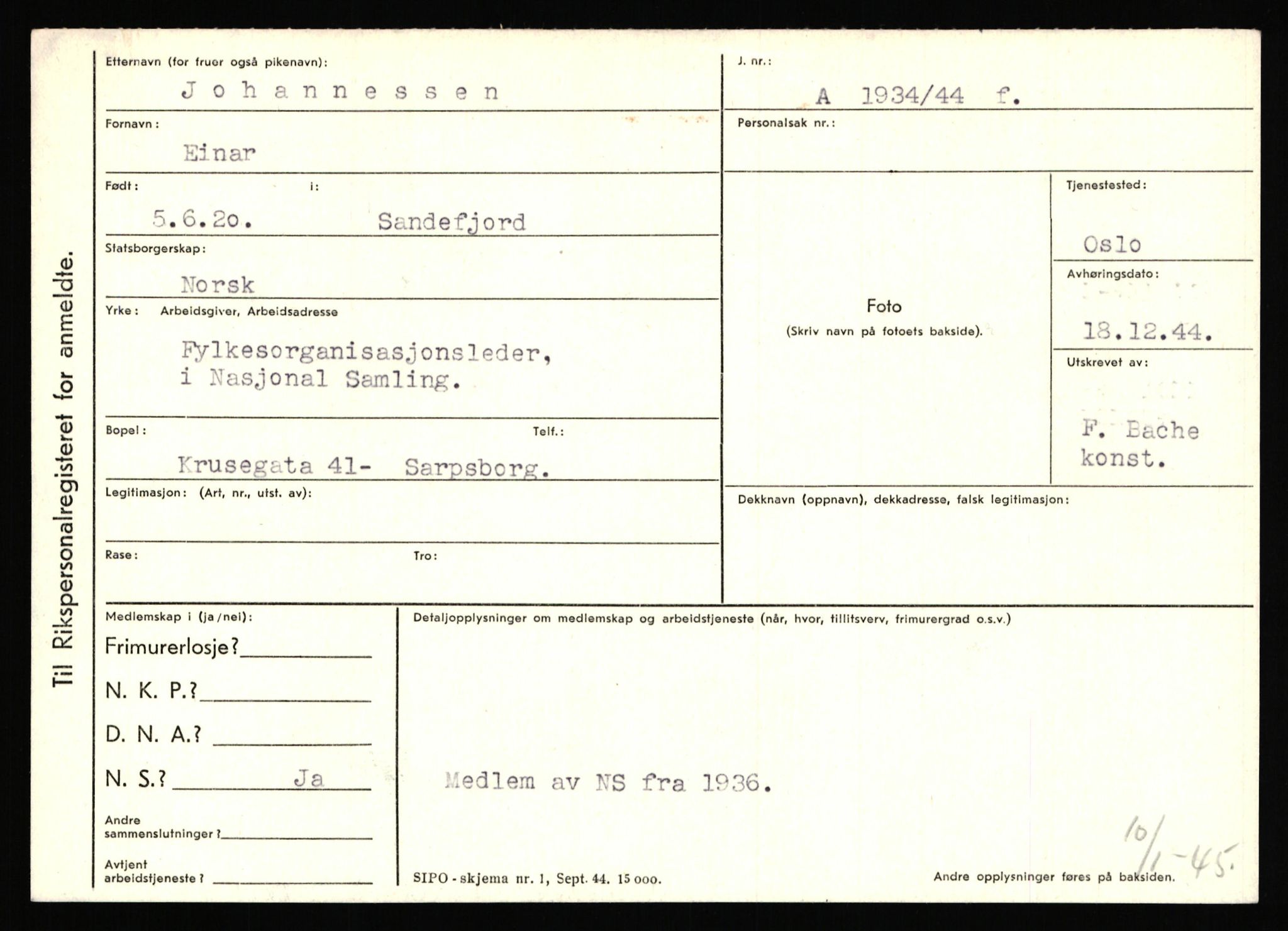 Statspolitiet - Hovedkontoret / Osloavdelingen, AV/RA-S-1329/C/Ca/L0008: Johan(nes)sen - Knoph, 1943-1945, s. 2