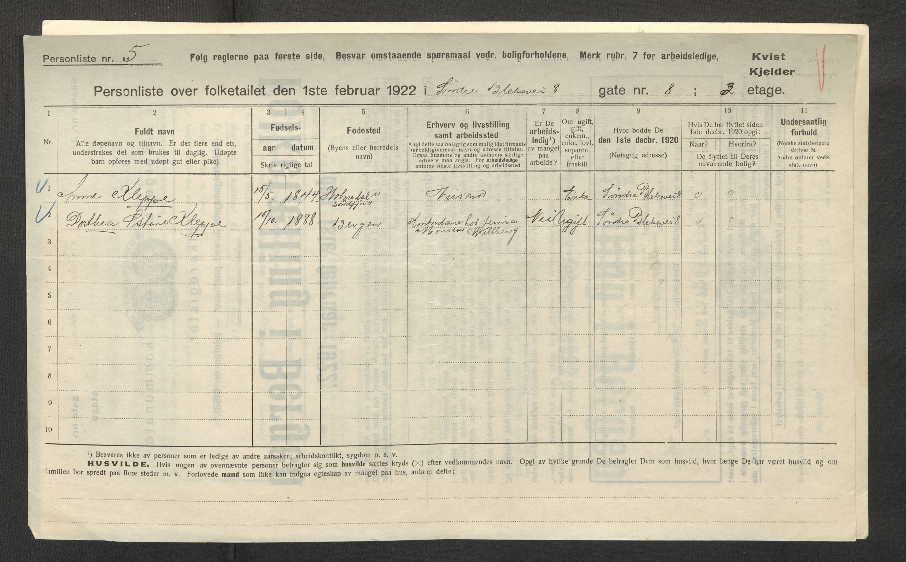 SAB, Kommunal folketelling 1922 for Bergen kjøpstad, 1922, s. 3338