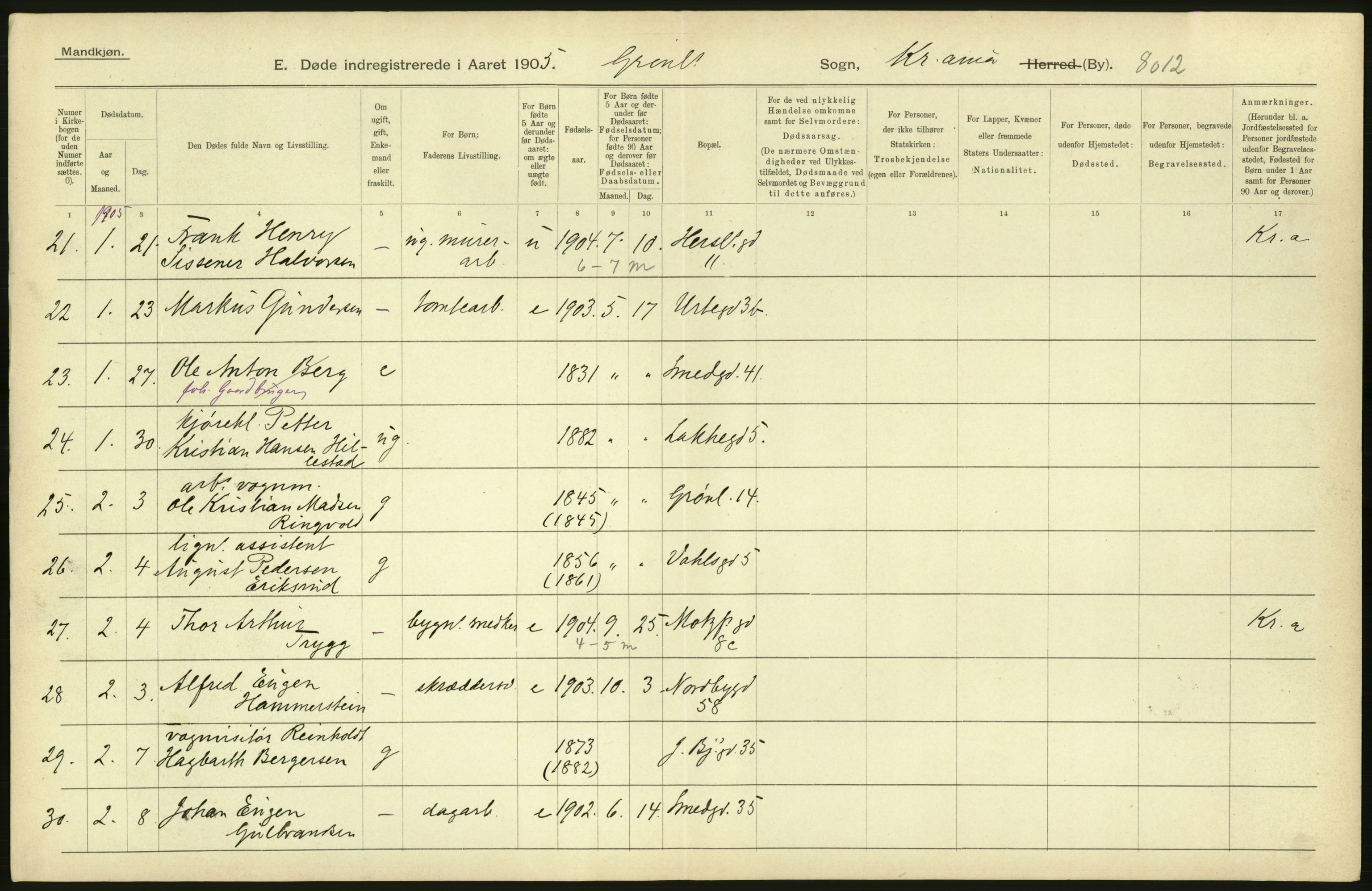 Statistisk sentralbyrå, Sosiodemografiske emner, Befolkning, AV/RA-S-2228/D/Df/Dfa/Dfac/L0007a: Kristiania: Døde, dødfødte., 1905, s. 732