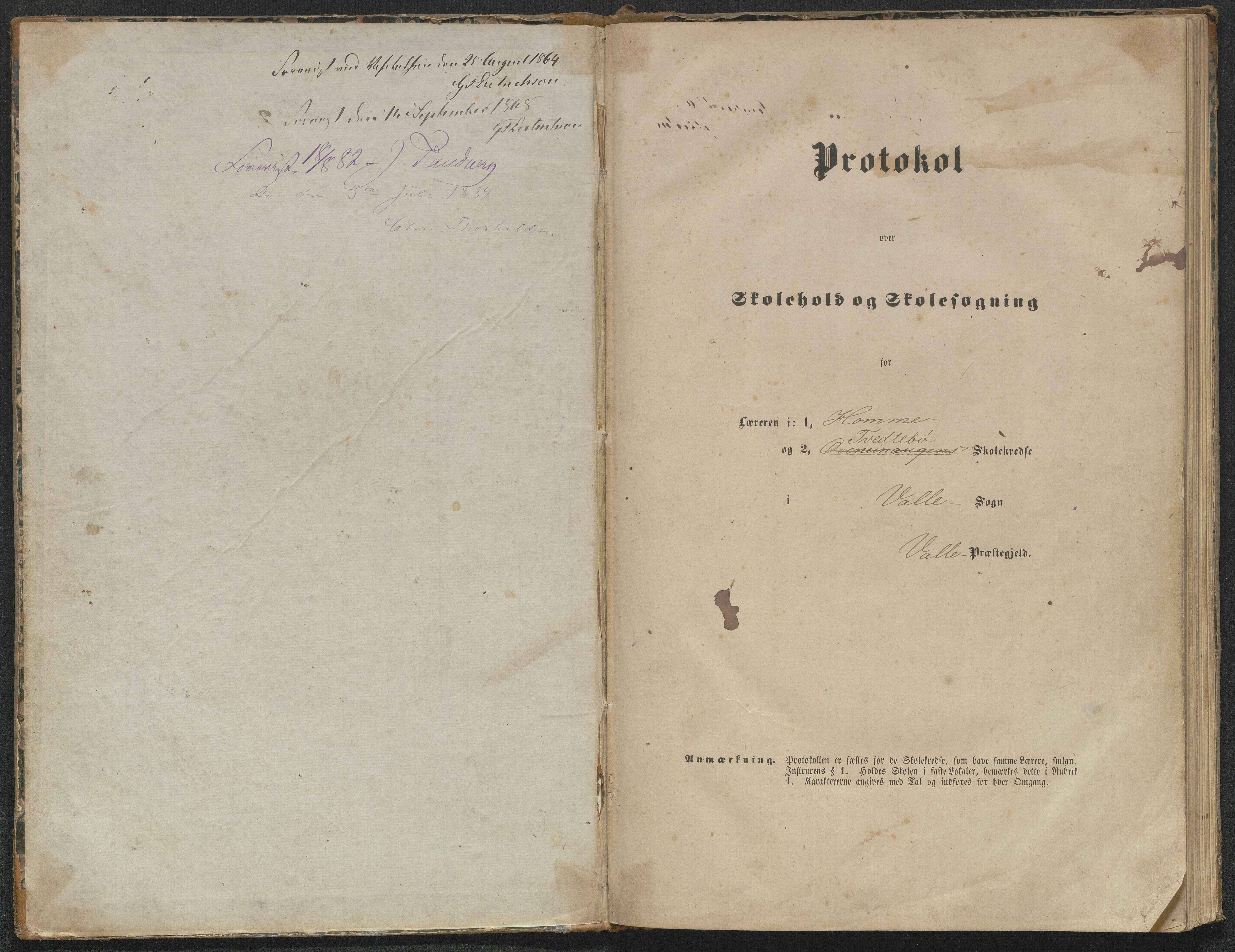 Valle kommune, AAKS/KA0940-PK/03/L0052: Karakterprotokoll for Homme skule. Karakterprotokoll for Oveinang skule. Karakterprotokoll for Tveitebø skule. Karakterprotokoll for den frivillige undervisning i Homme, 1863-1882