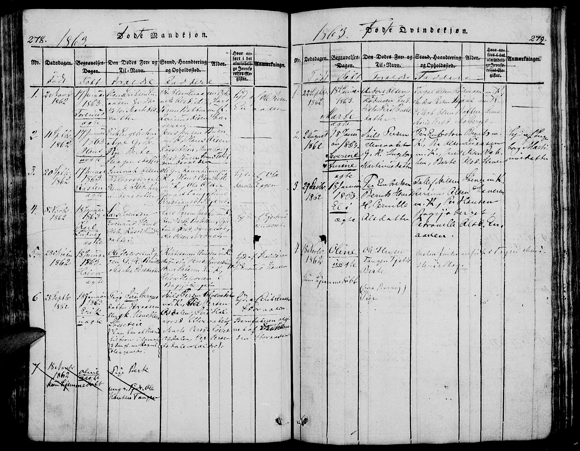 Trysil prestekontor, SAH/PREST-046/H/Ha/Hab/L0005: Klokkerbok nr. 5, 1814-1877, s. 278-279