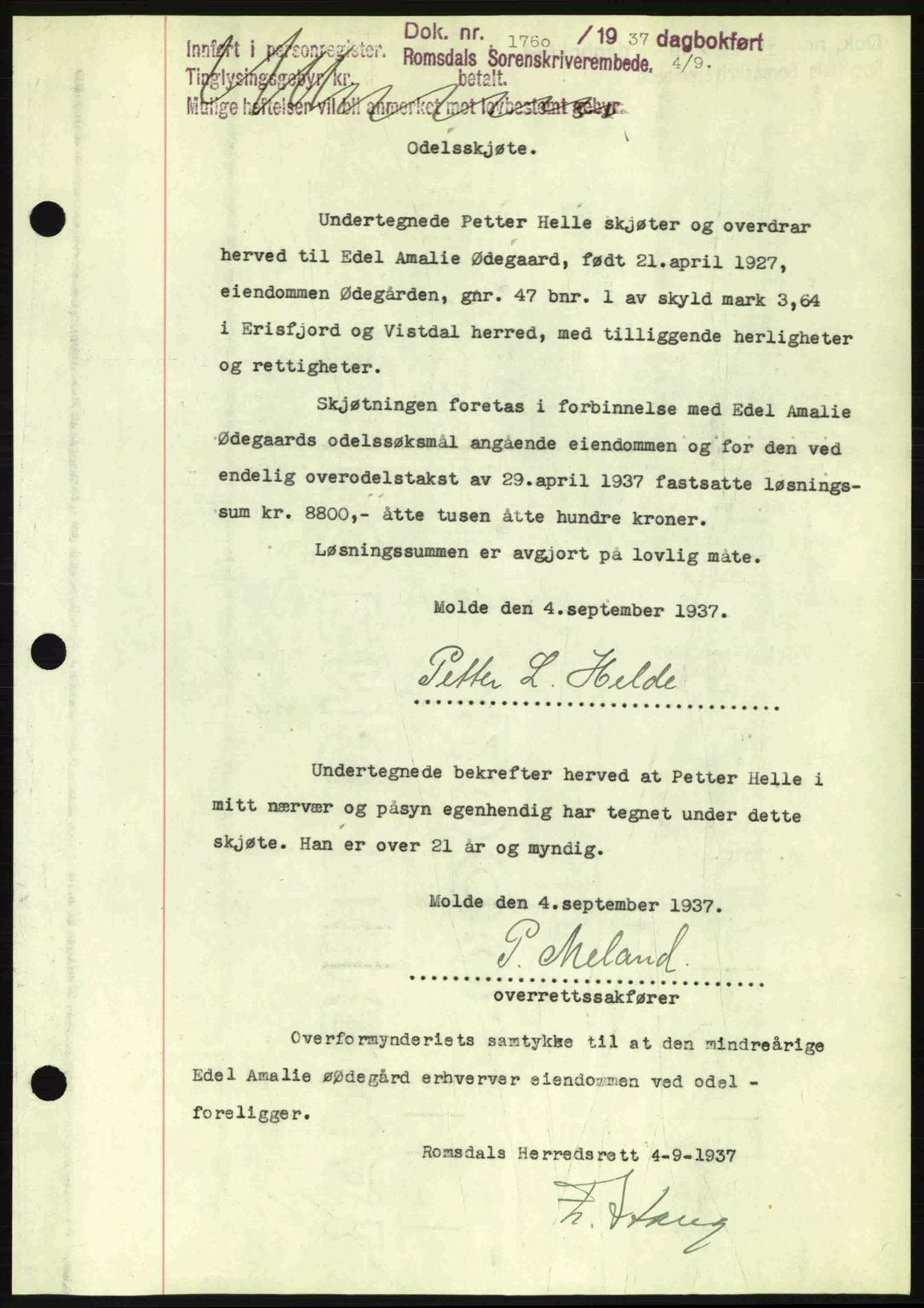 Romsdal sorenskriveri, SAT/A-4149/1/2/2C: Pantebok nr. A3, 1937-1937, Dagboknr: 1760/1937