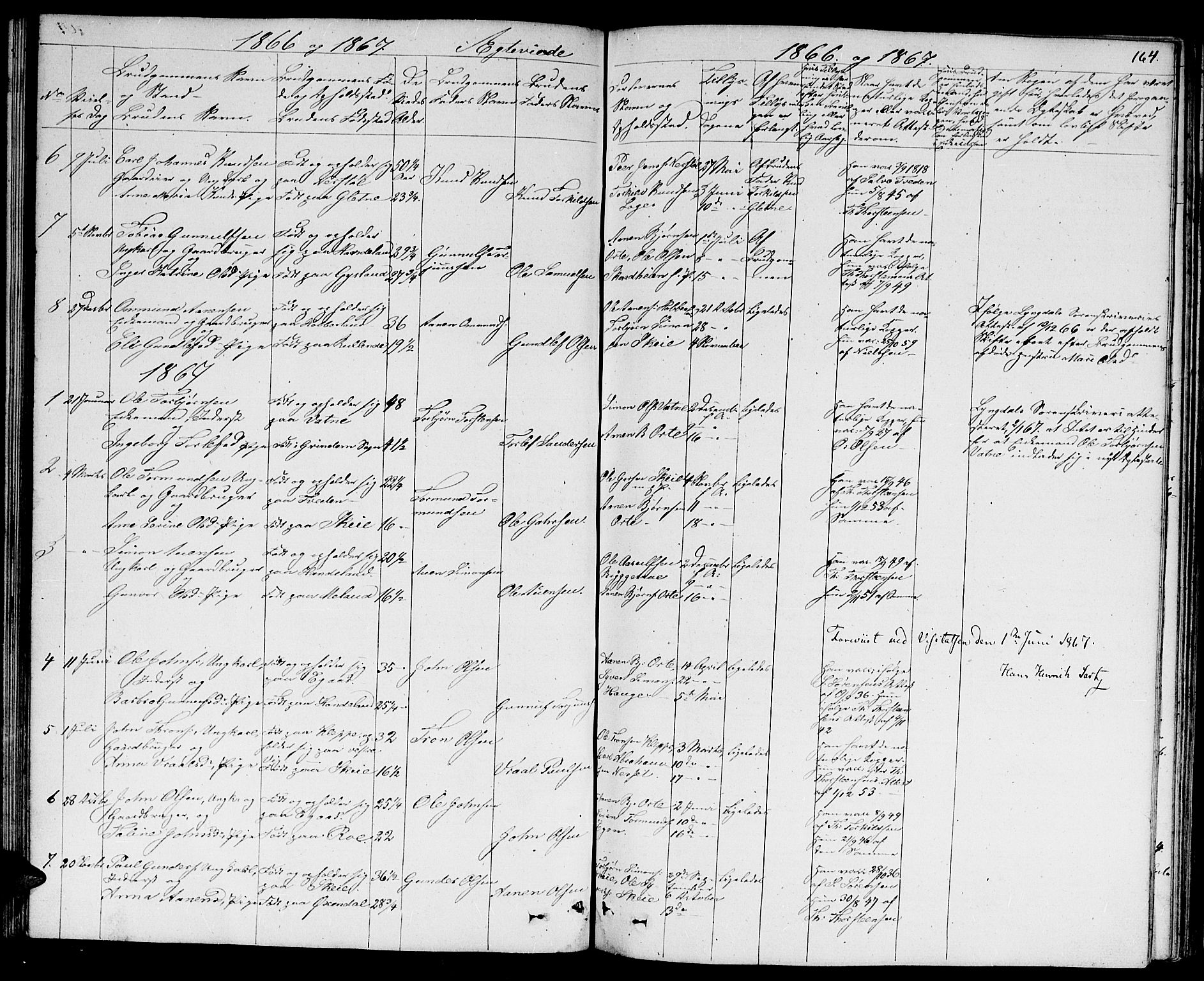 Hægebostad sokneprestkontor, SAK/1111-0024/F/Fb/Fbb/L0002: Klokkerbok nr. B 2, 1851-1886, s. 164