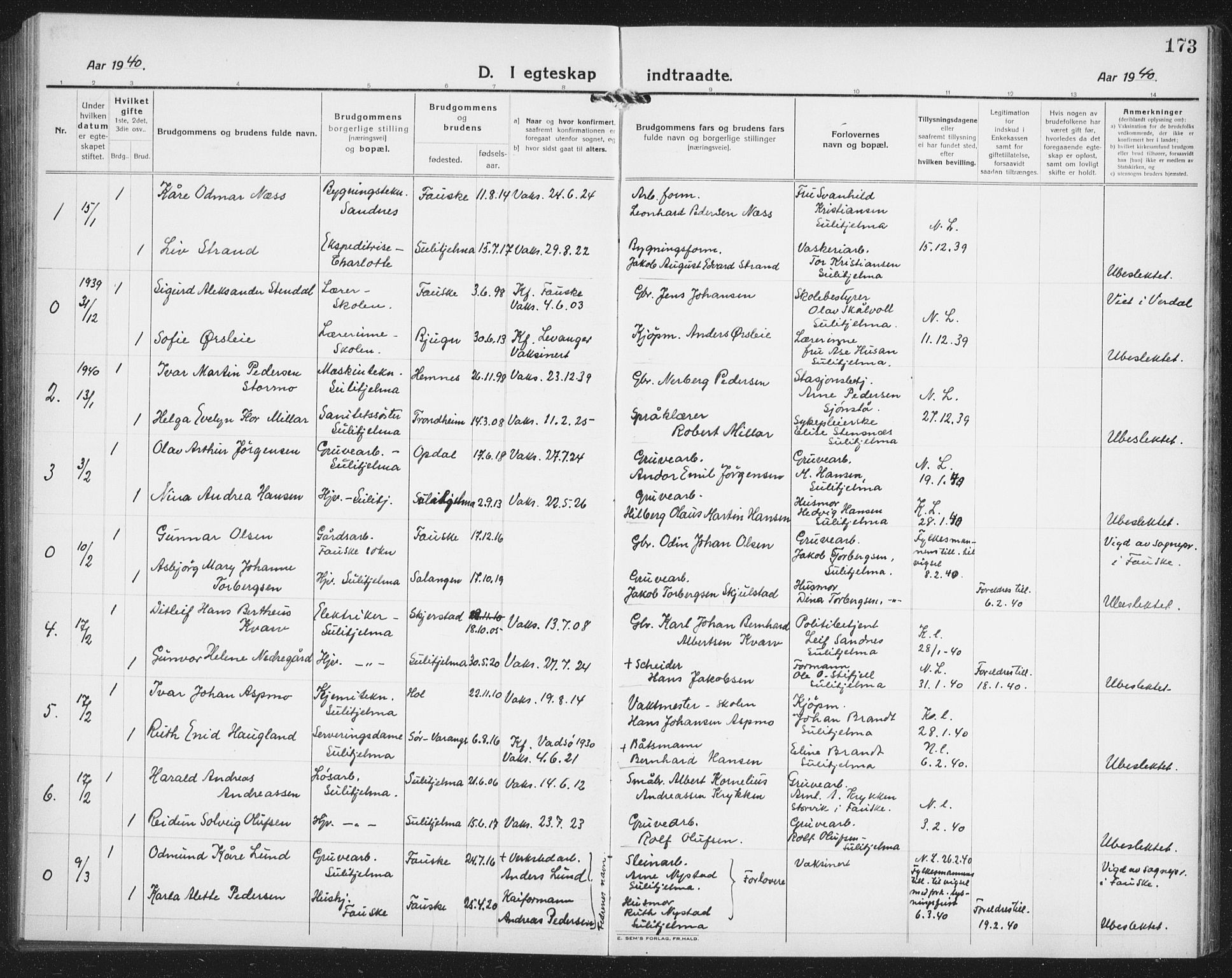 Ministerialprotokoller, klokkerbøker og fødselsregistre - Nordland, AV/SAT-A-1459/850/L0718: Klokkerbok nr. 850C02, 1921-1941, s. 173