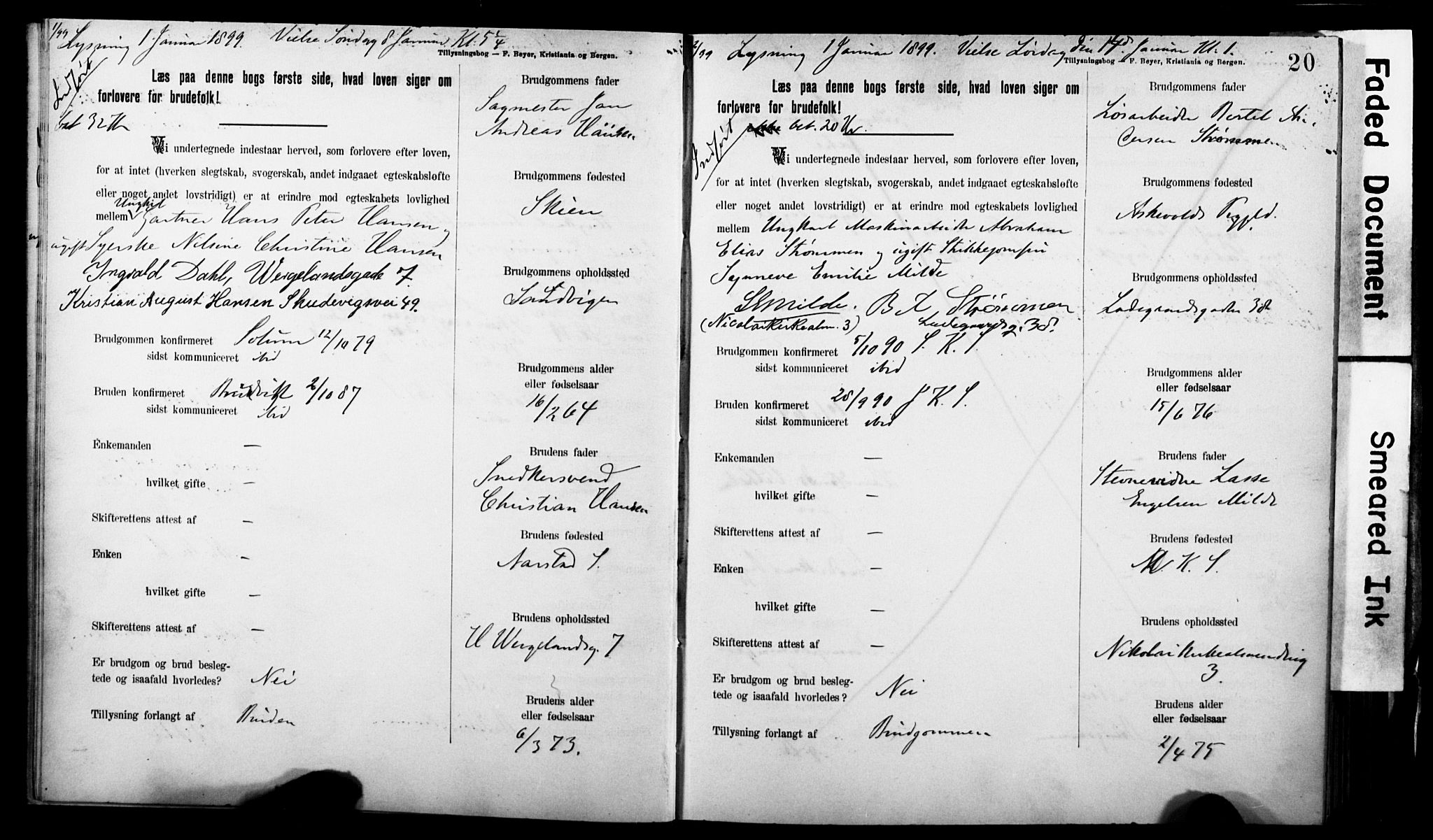 Korskirken sokneprestembete, SAB/A-76101: Forlovererklæringer nr. II.5.7, 1898-1903, s. 20