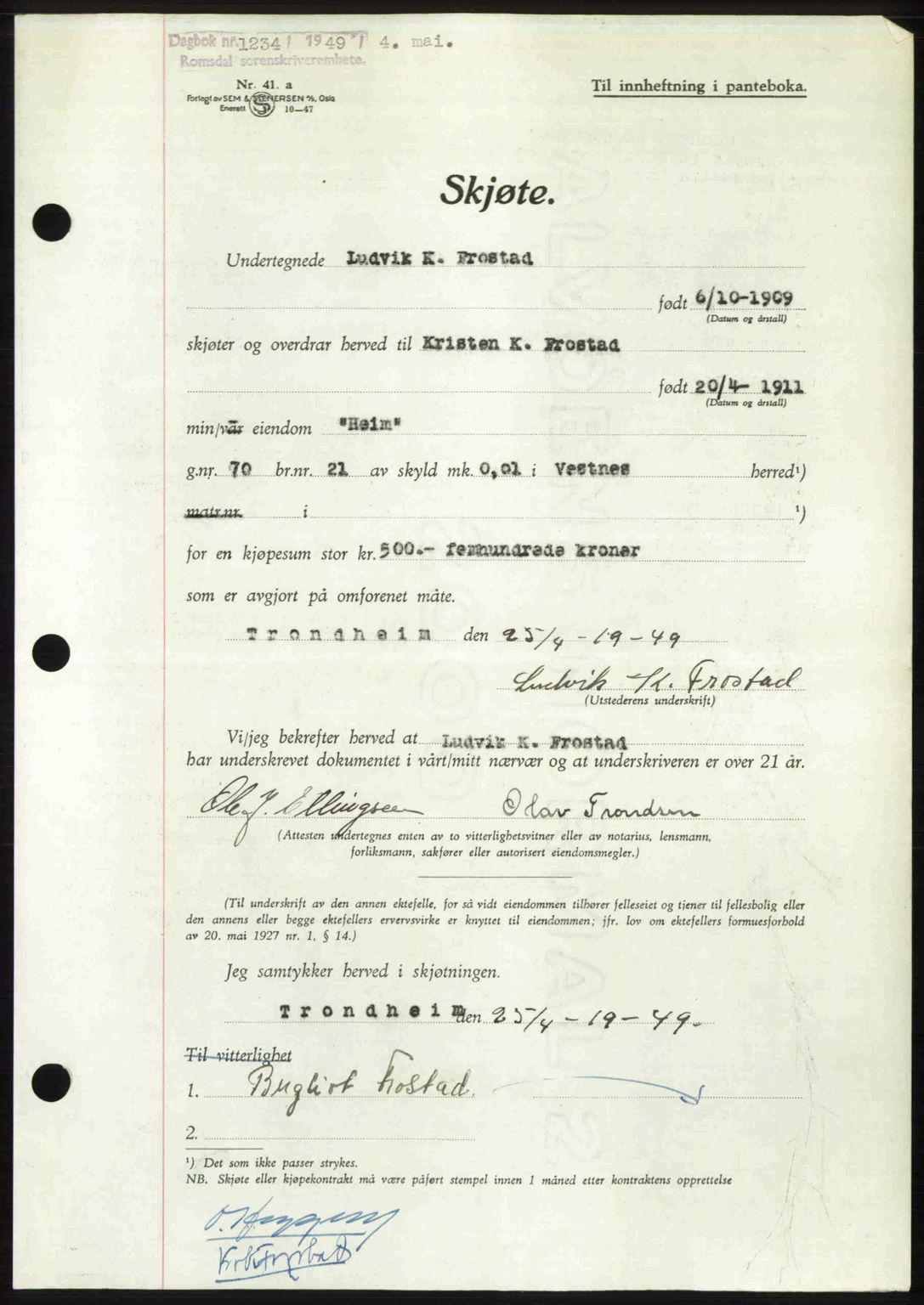 Romsdal sorenskriveri, SAT/A-4149/1/2/2C: Pantebok nr. A29, 1949-1949, Dagboknr: 1234/1949