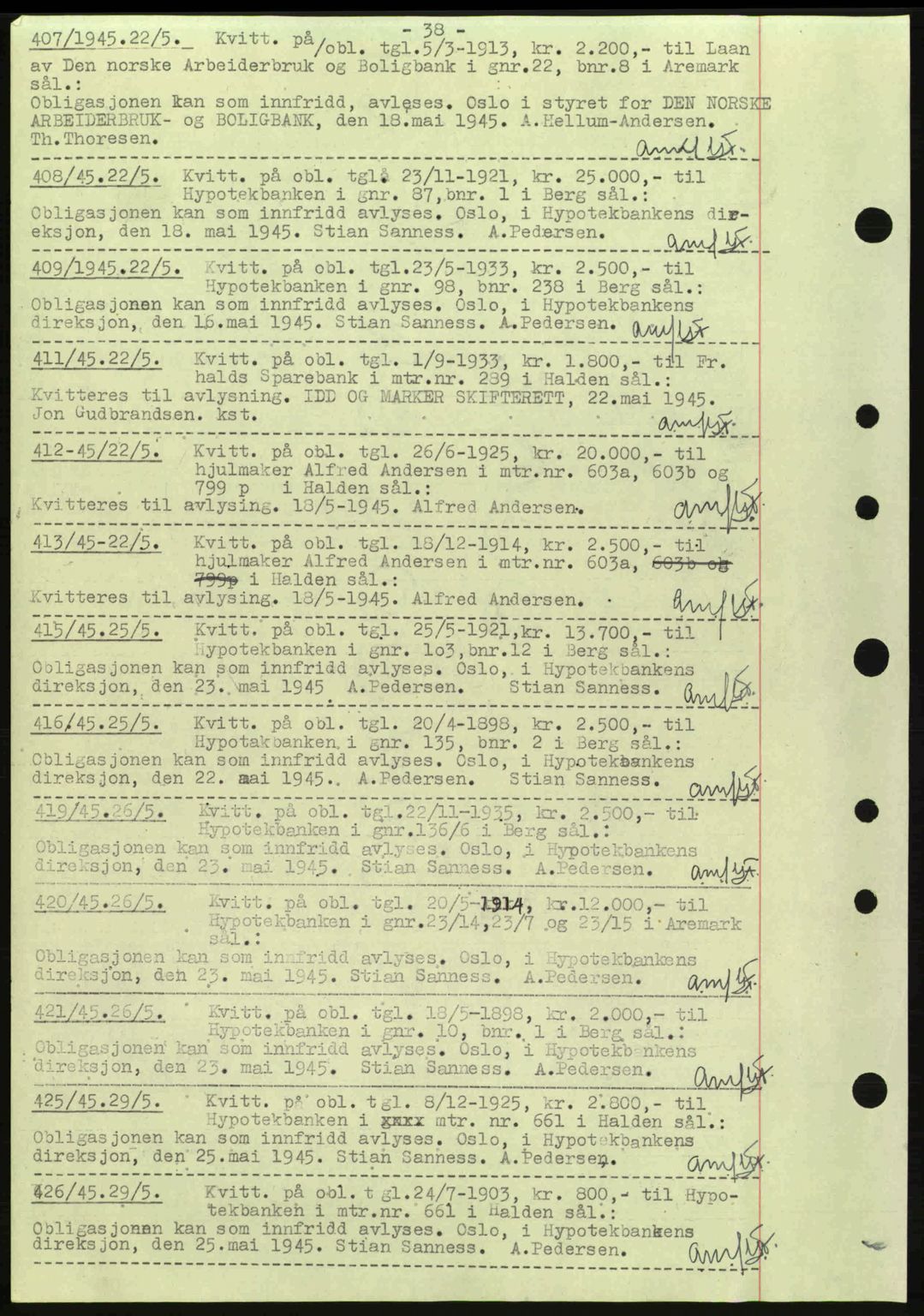 Idd og Marker sorenskriveri, AV/SAO-A-10283/G/Gb/Gbc/L0002: Pantebok nr. B4-9a, 1939-1945, Dagboknr: 407/1945