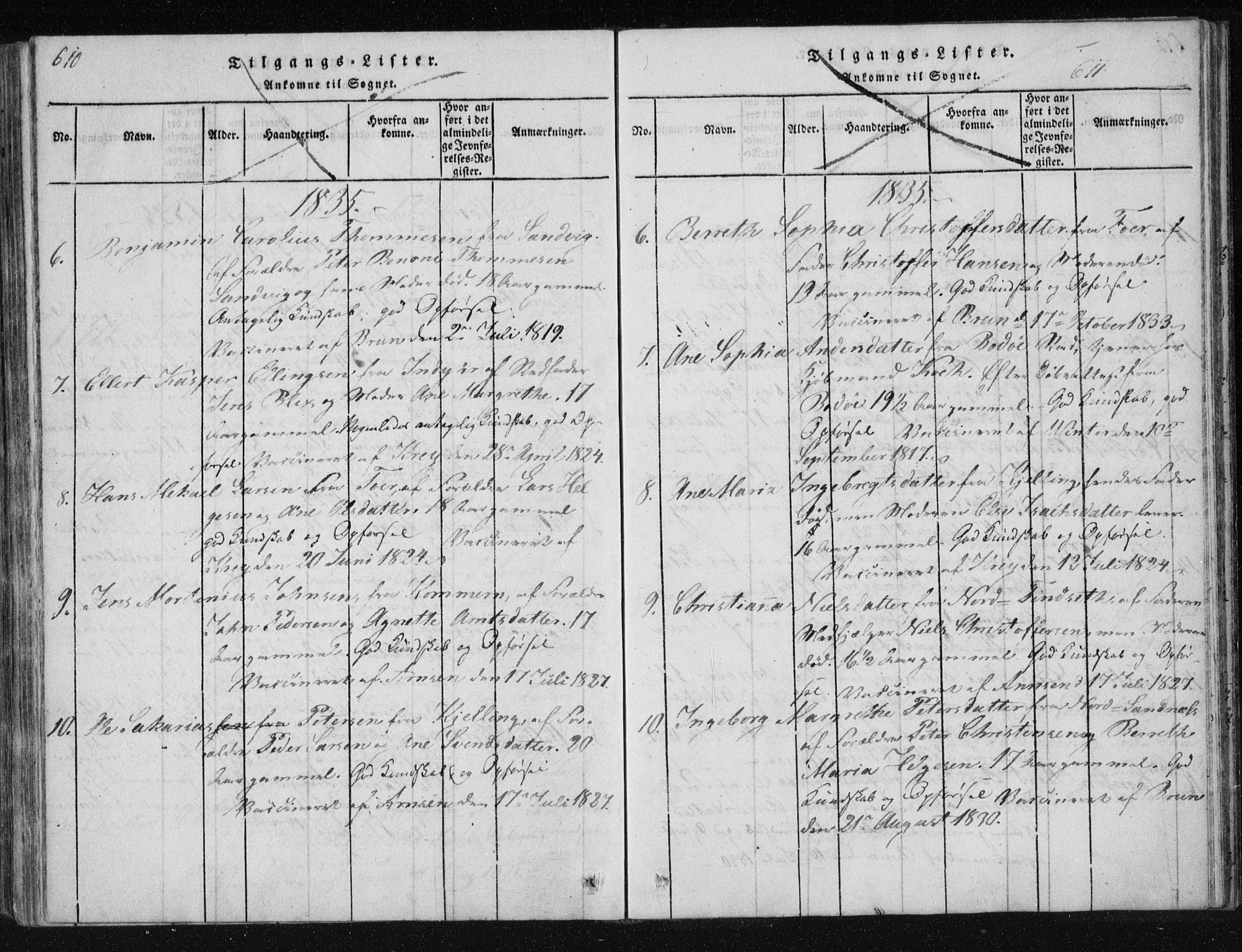 Ministerialprotokoller, klokkerbøker og fødselsregistre - Nordland, AV/SAT-A-1459/805/L0096: Ministerialbok nr. 805A03, 1820-1837, s. 610-611