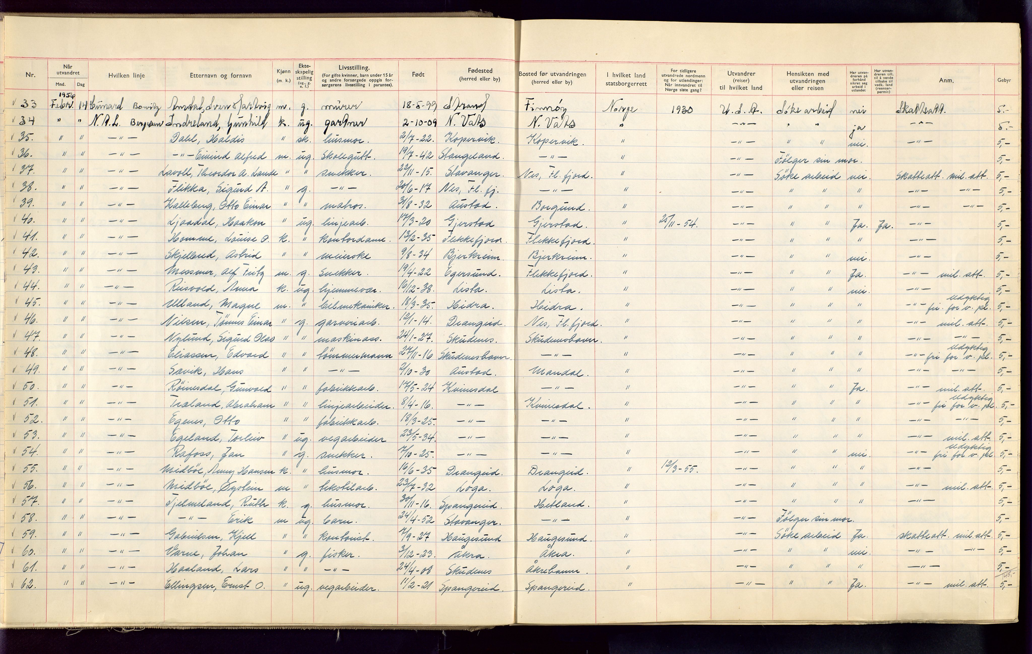 Stavanger politikammer, AV/SAST-A-100361/001/H/Hc/Hcc/L0002: Emigrantprotokoll, 1955-1970, s. 15