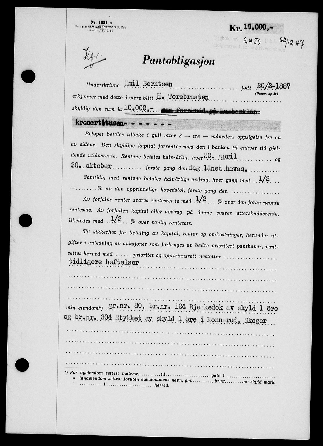 Holmestrand sorenskriveri, SAKO/A-67/G/Ga/Gab/L0058: Pantebok nr. B-58, 1947-1948, Dagboknr: 2450/1947
