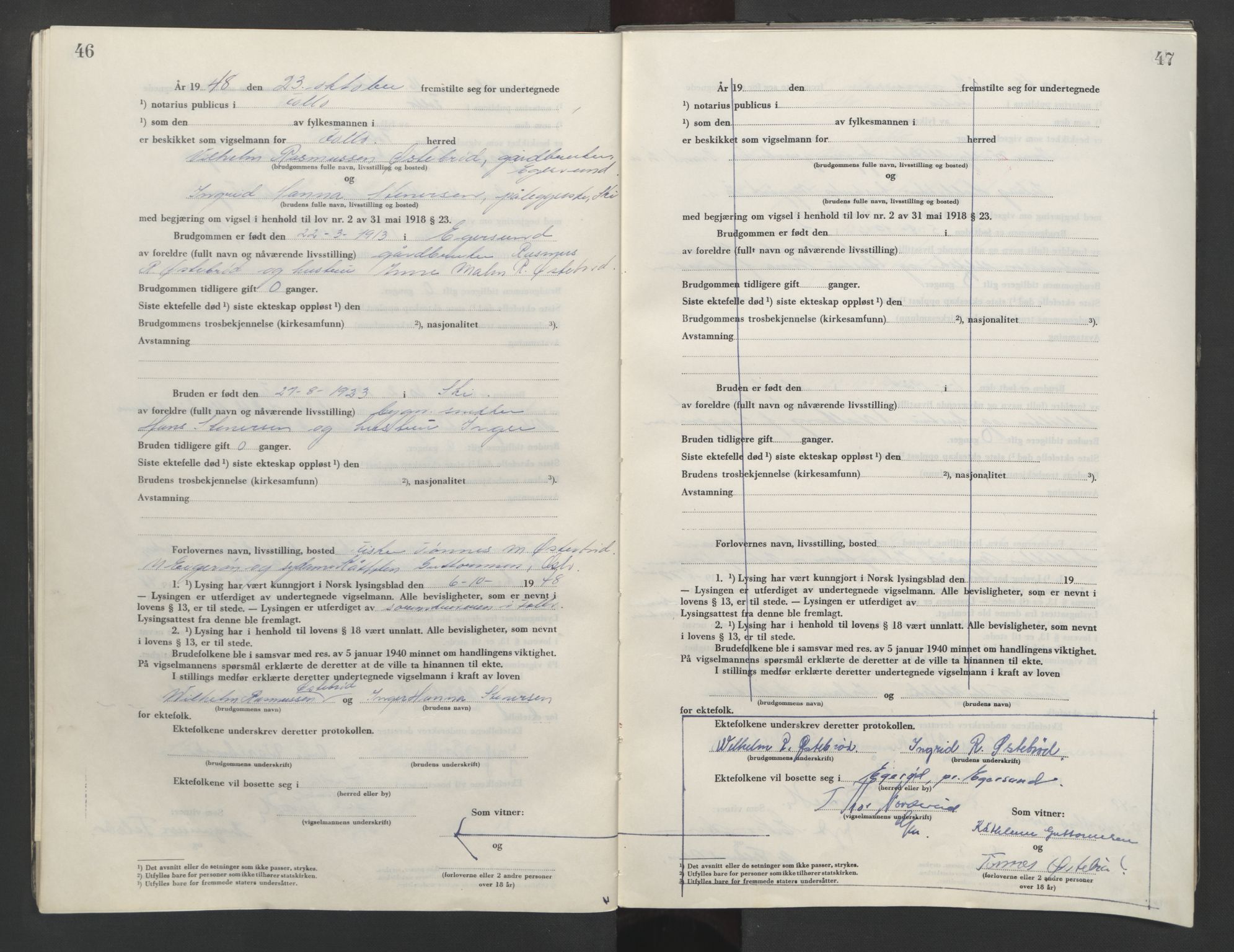 Follo sorenskriveri, AV/SAO-A-10274/L/La/Lab/L0003: Vigselsbok, 1946-1955, s. 46-47