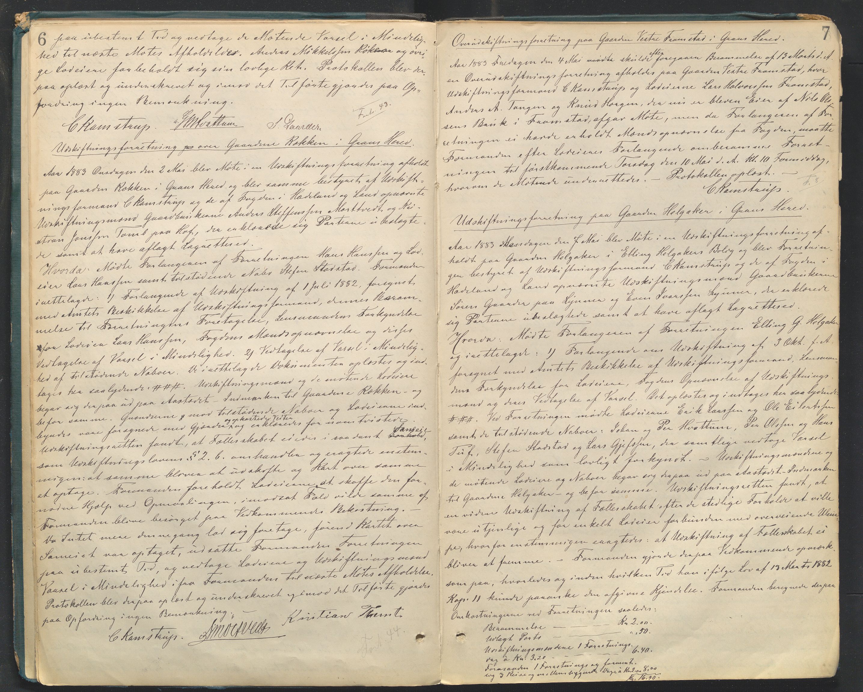 Utskiftningsformannen i Oppland fylke, SAH/JORDSKIFTEO-001/H/Hc/Hcg/L0002/0001: Forhandlingsprotokoller  / Forhandlingsprotokoll - hele Oppland, 1882-1889, s. 6-7