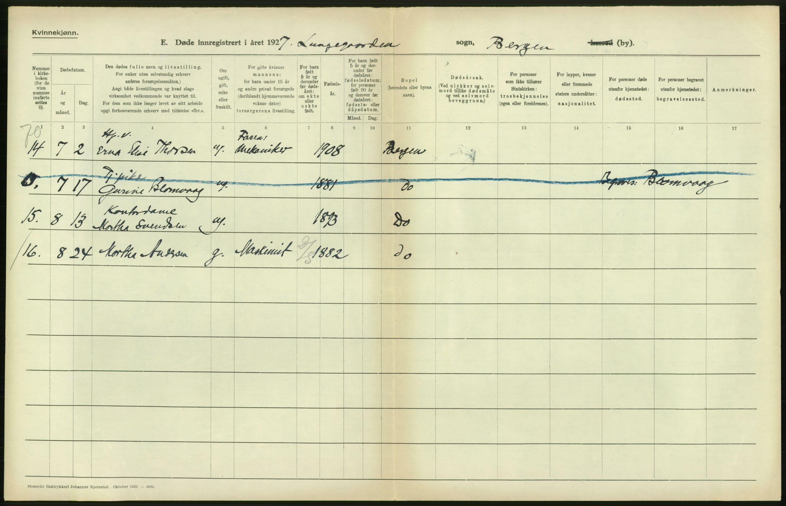 Statistisk sentralbyrå, Sosiodemografiske emner, Befolkning, AV/RA-S-2228/D/Df/Dfc/Dfcg/L0028: Bergen: Gifte, døde., 1927, s. 504