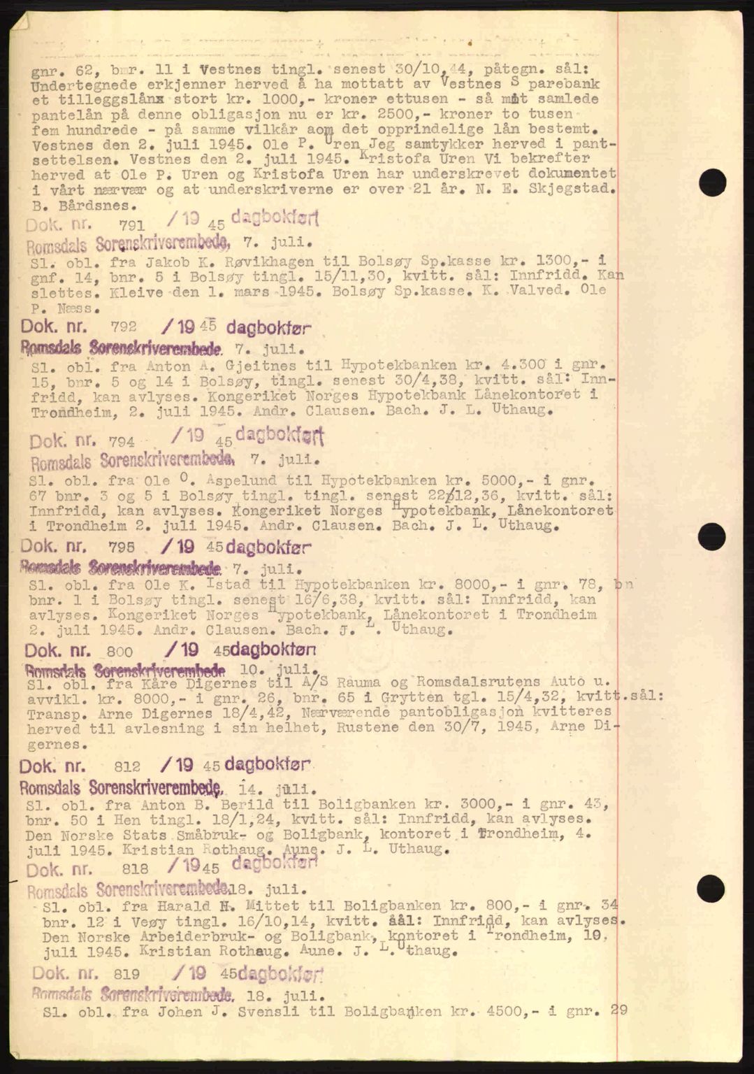 Romsdal sorenskriveri, AV/SAT-A-4149/1/2/2C: Pantebok nr. C1a, 1936-1945, Dagboknr: 791/1945