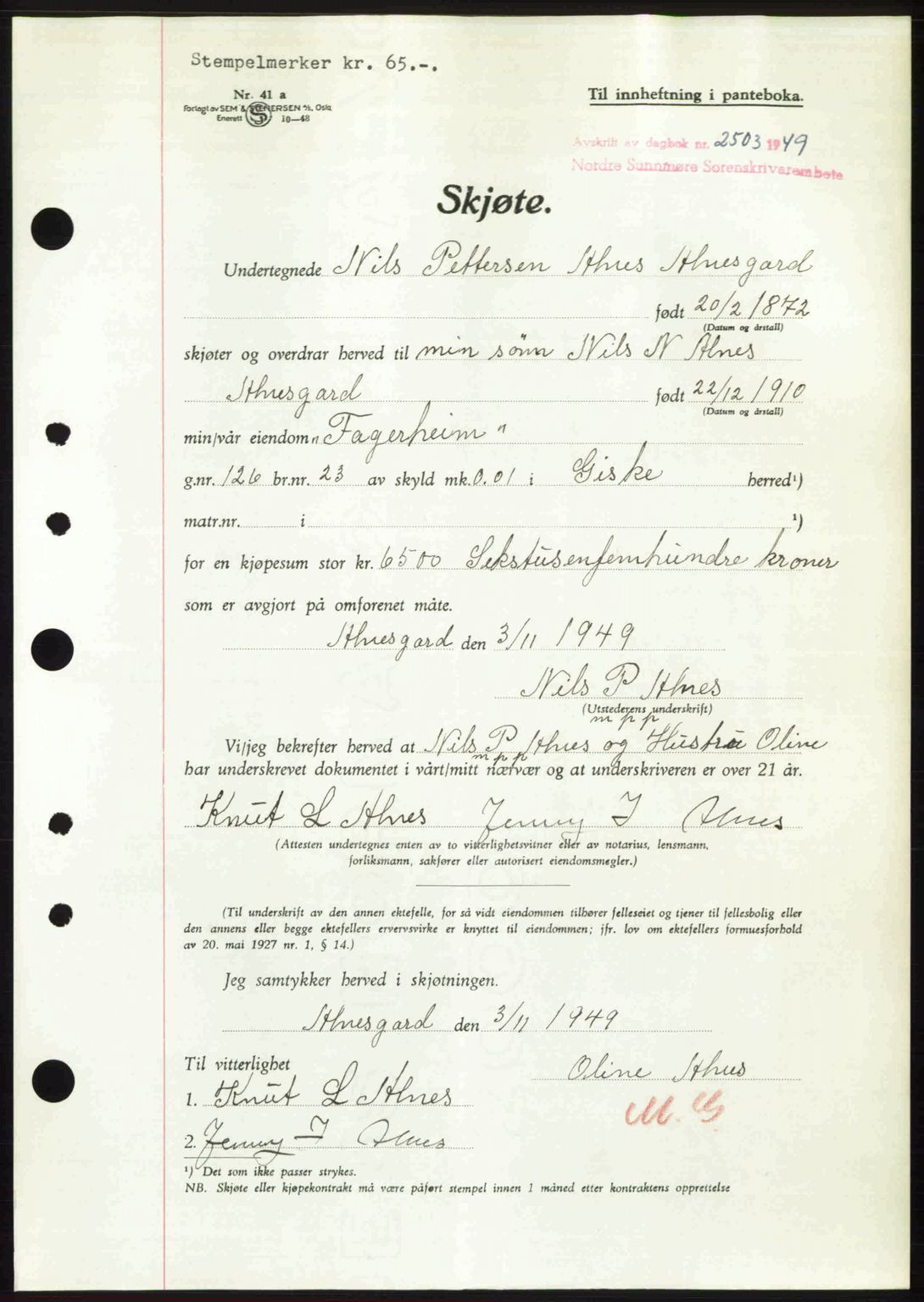 Nordre Sunnmøre sorenskriveri, SAT/A-0006/1/2/2C/2Ca: Pantebok nr. A32, 1949-1949, Dagboknr: 2503/1949