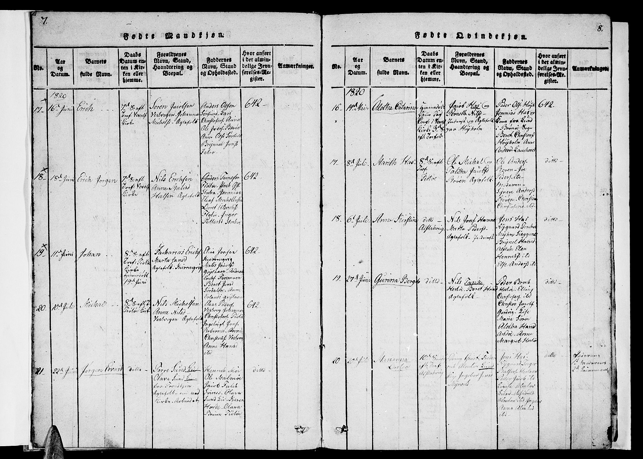 Ministerialprotokoller, klokkerbøker og fødselsregistre - Nordland, AV/SAT-A-1459/830/L0457: Klokkerbok nr. 830C01 /1, 1820-1842, s. 7-8