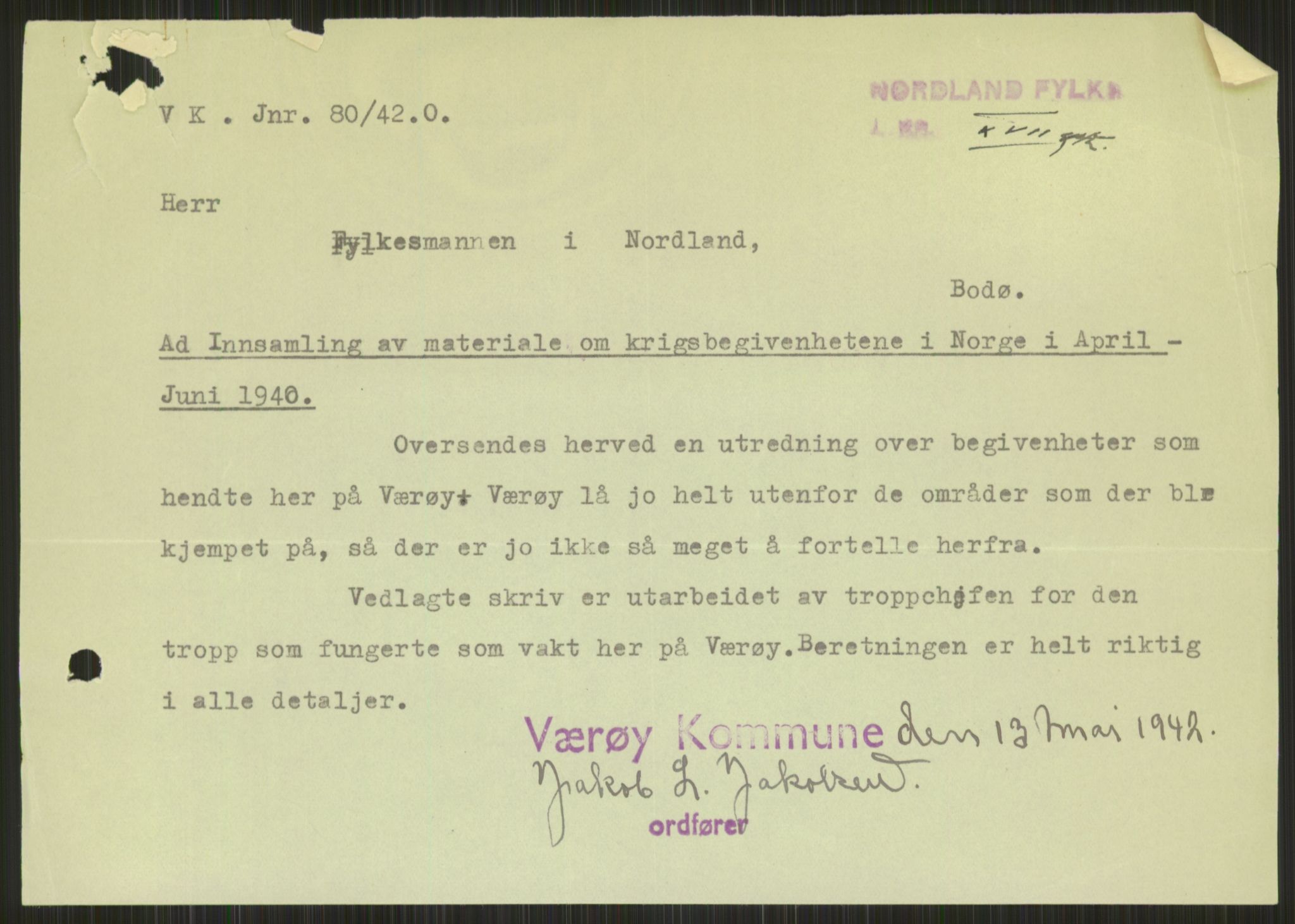 Forsvaret, Forsvarets krigshistoriske avdeling, AV/RA-RAFA-2017/Y/Ya/L0017: II-C-11-31 - Fylkesmenn.  Rapporter om krigsbegivenhetene 1940., 1940, s. 360