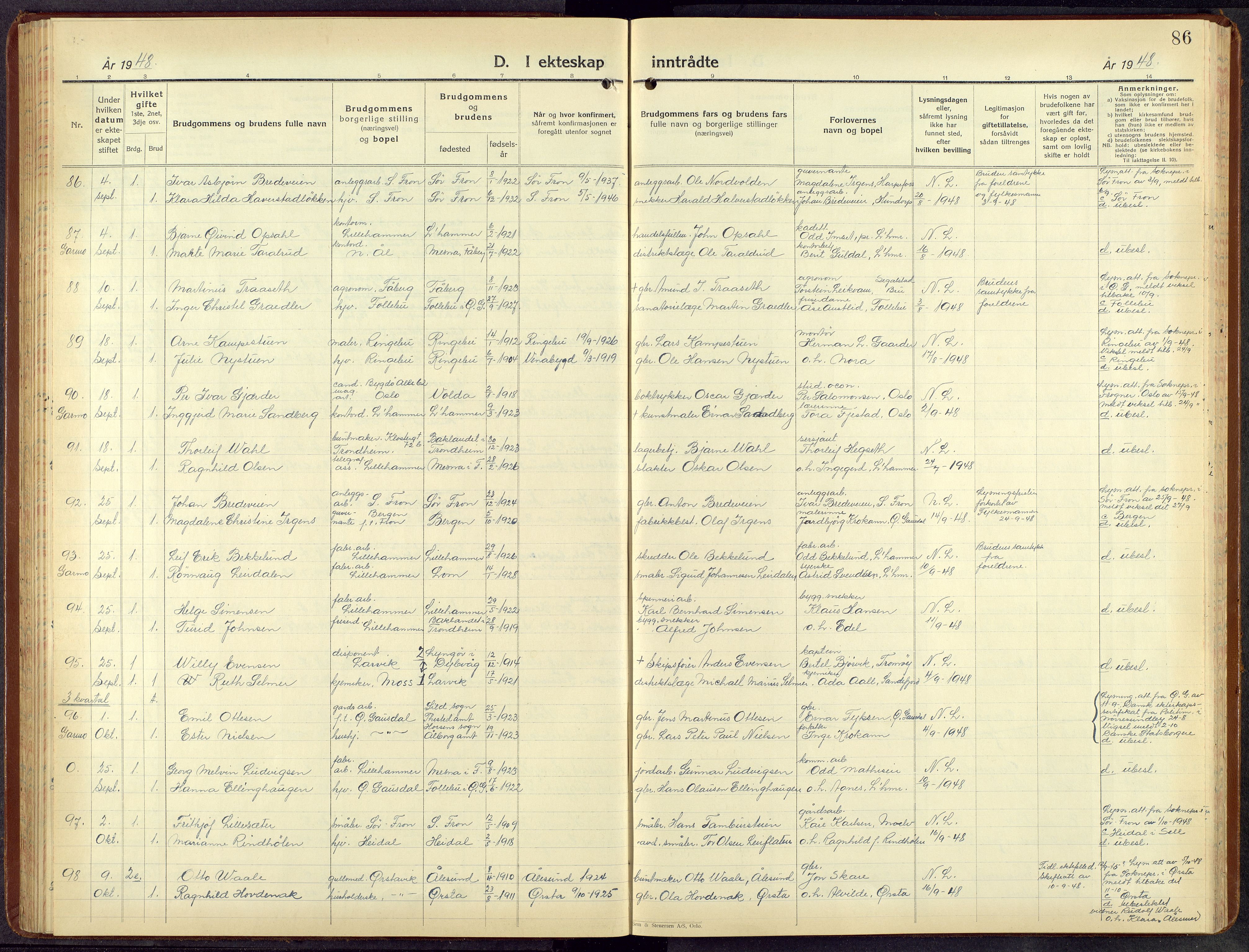 Lillehammer prestekontor, AV/SAH-PREST-088/H/Ha/Hab/L0004: Klokkerbok nr. 4, 1940-1955, s. 86