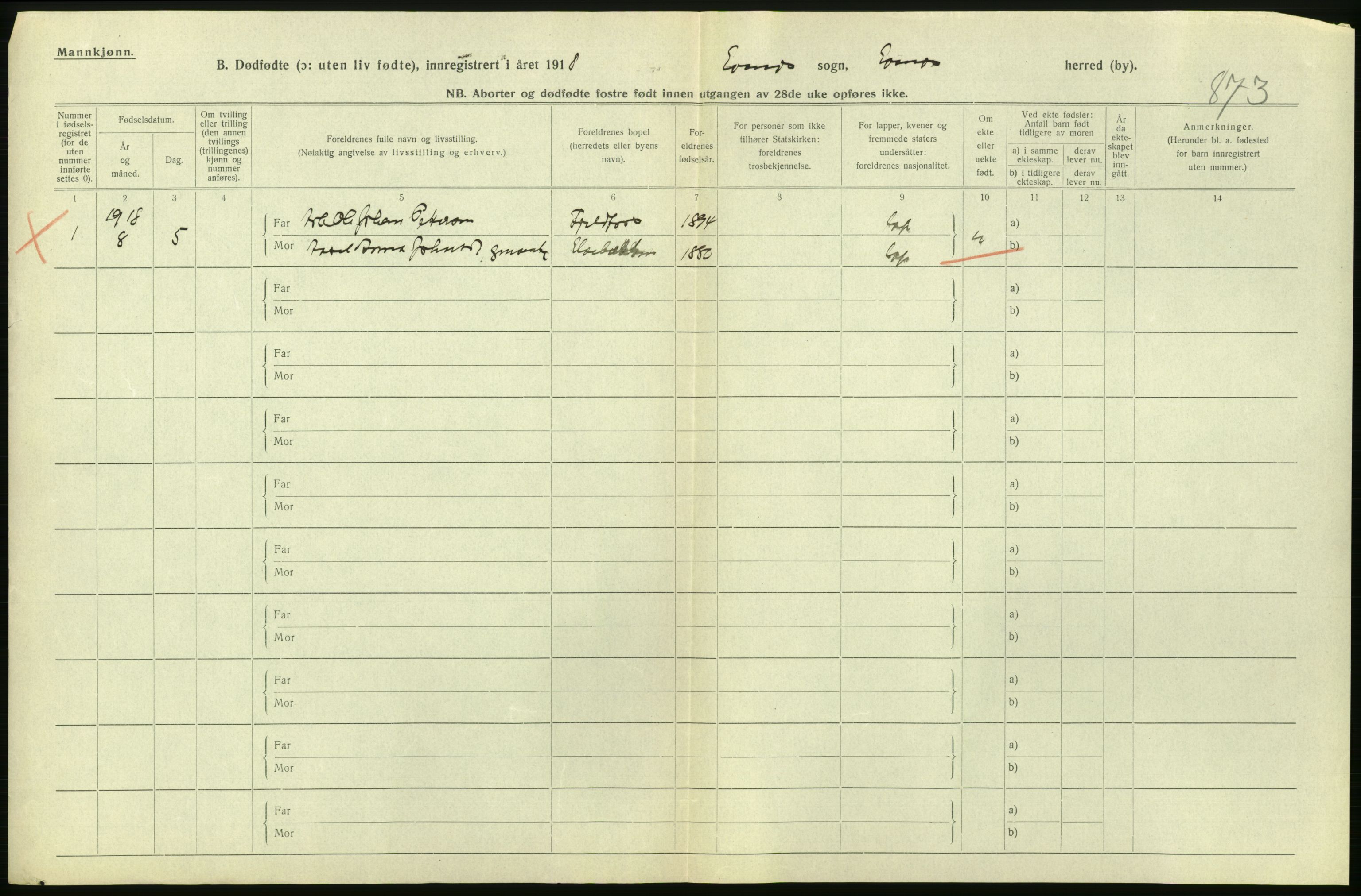 Statistisk sentralbyrå, Sosiodemografiske emner, Befolkning, RA/S-2228/D/Df/Dfb/Dfbh/L0054: Nordland fylke: Gifte, dødfødte. Bygder og byer., 1918, s. 414