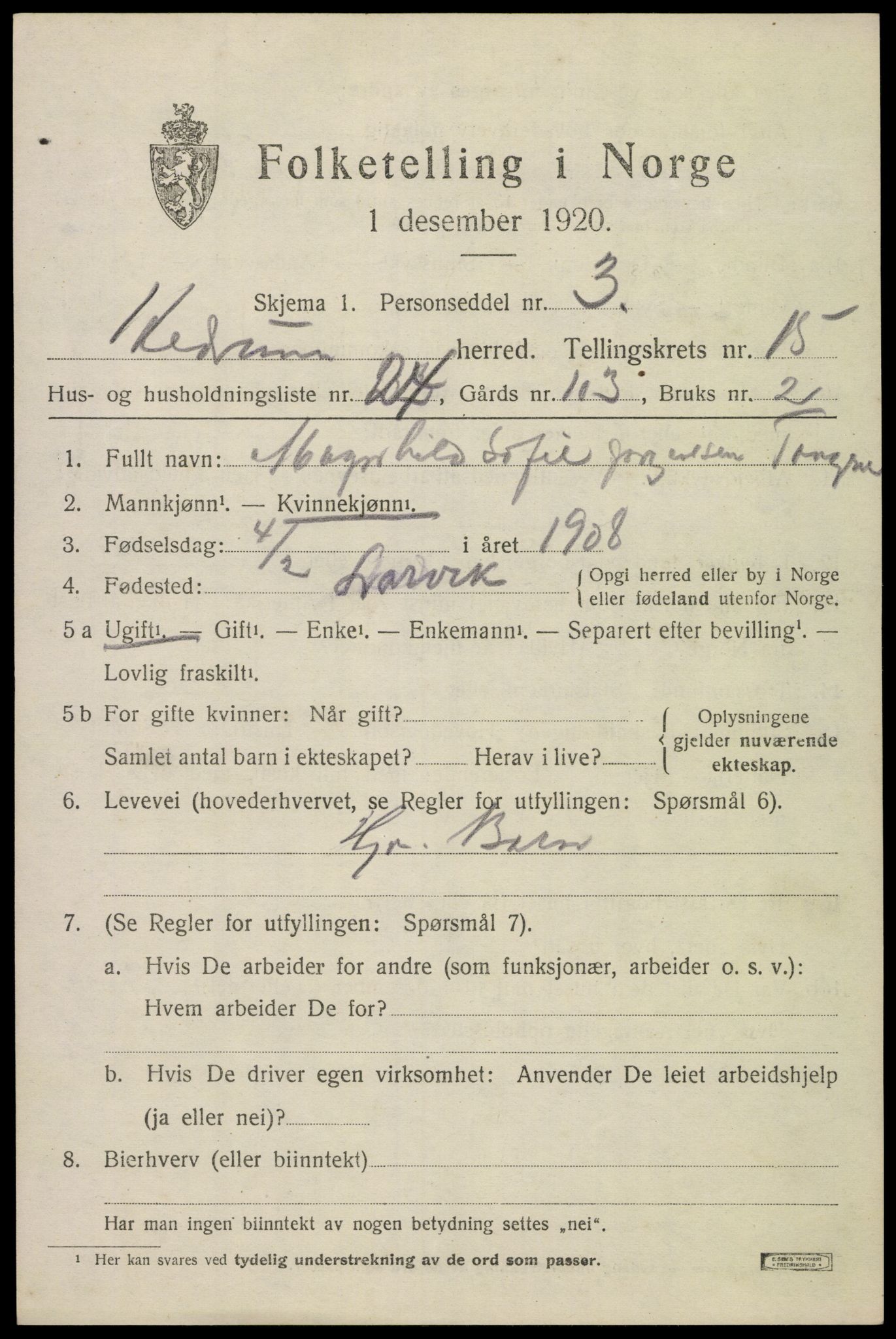 SAKO, Folketelling 1920 for 0727 Hedrum herred, 1920, s. 10225