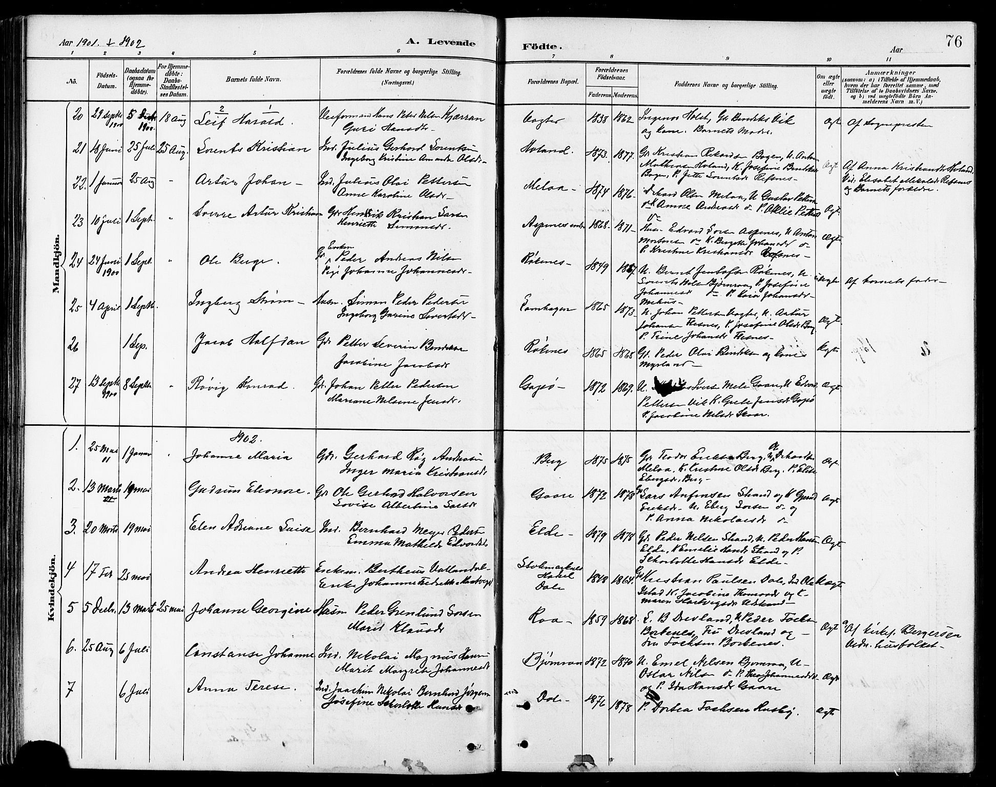 Kvæfjord sokneprestkontor, AV/SATØ-S-1323/G/Ga/Gab/L0005klokker: Klokkerbok nr. 5, 1886-1911, s. 76