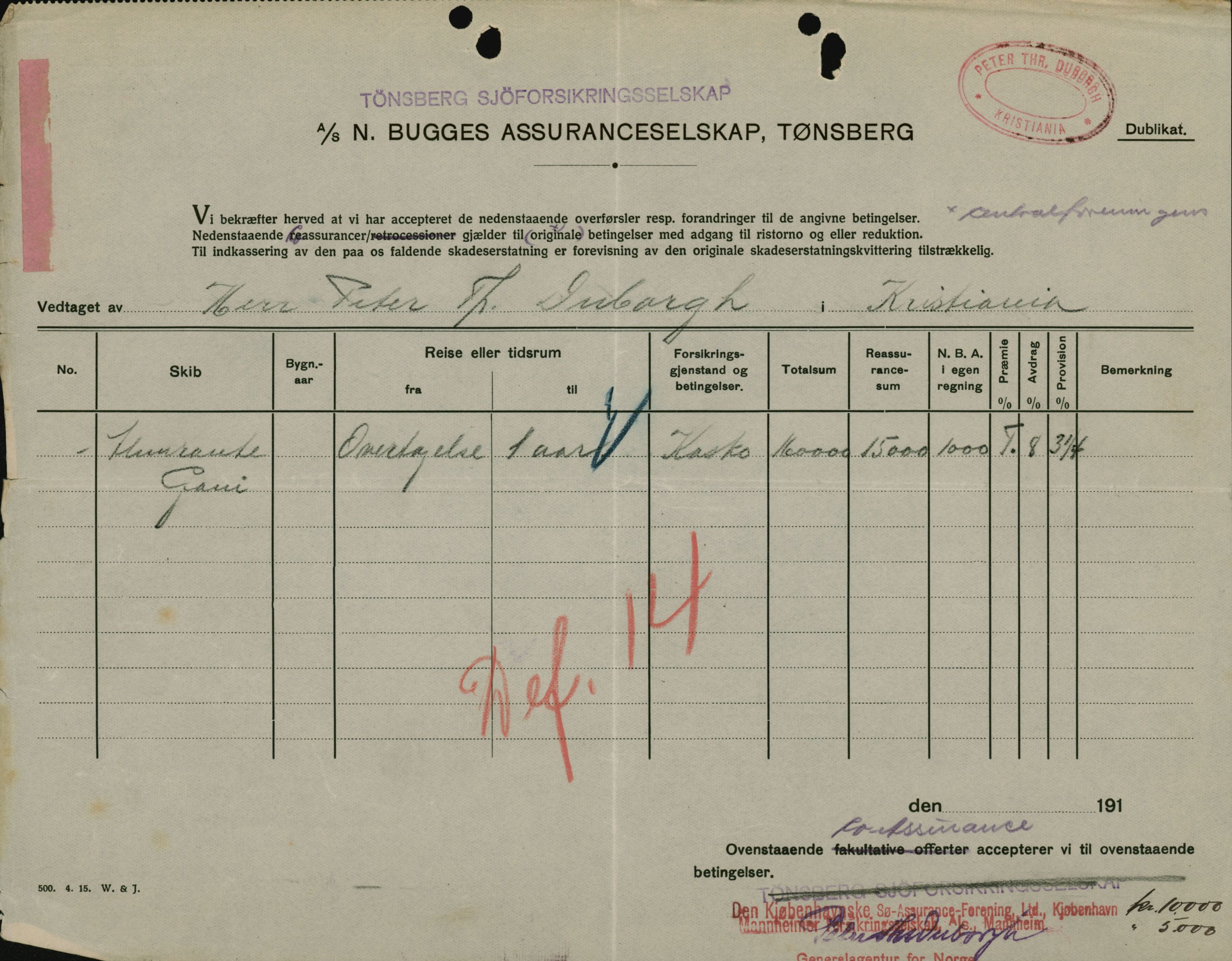 Pa 664 - Tønsberg Sjøforsikringsselskap, VEMU/A-1773/F/L0001: Forsikringspoliser, 1915-1918