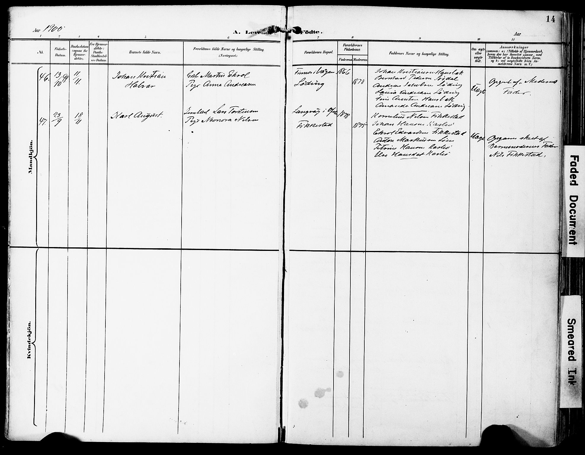 Ministerialprotokoller, klokkerbøker og fødselsregistre - Nordland, AV/SAT-A-1459/859/L0848: Ministerialbok nr. 859A08, 1900-1912, s. 14