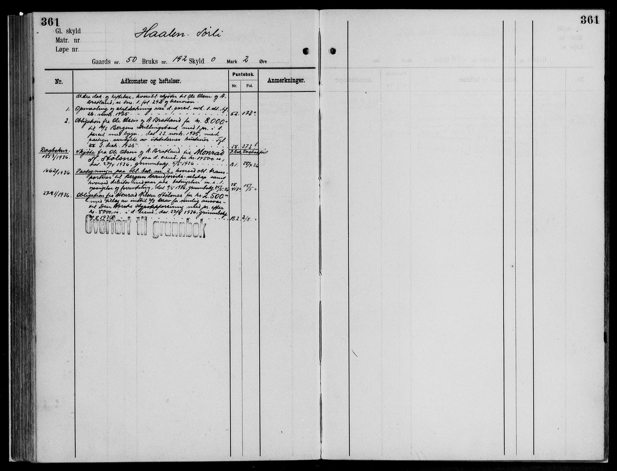 Midhordland sorenskriveri, AV/SAB-A-3001/1/G/Ga/Gab/L0112: Panteregister nr. II.A.b.112, s. 361