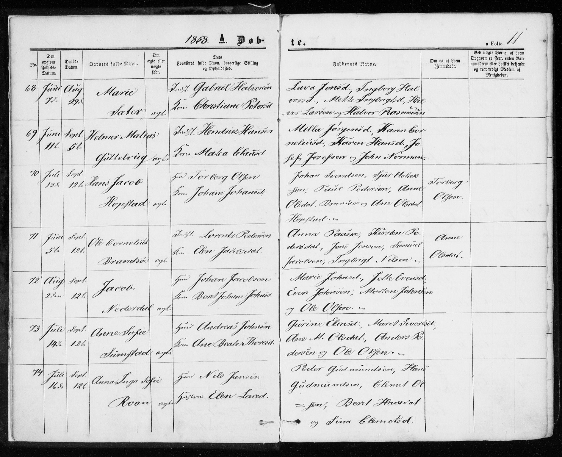 Ministerialprotokoller, klokkerbøker og fødselsregistre - Sør-Trøndelag, AV/SAT-A-1456/657/L0705: Ministerialbok nr. 657A06, 1858-1867, s. 11