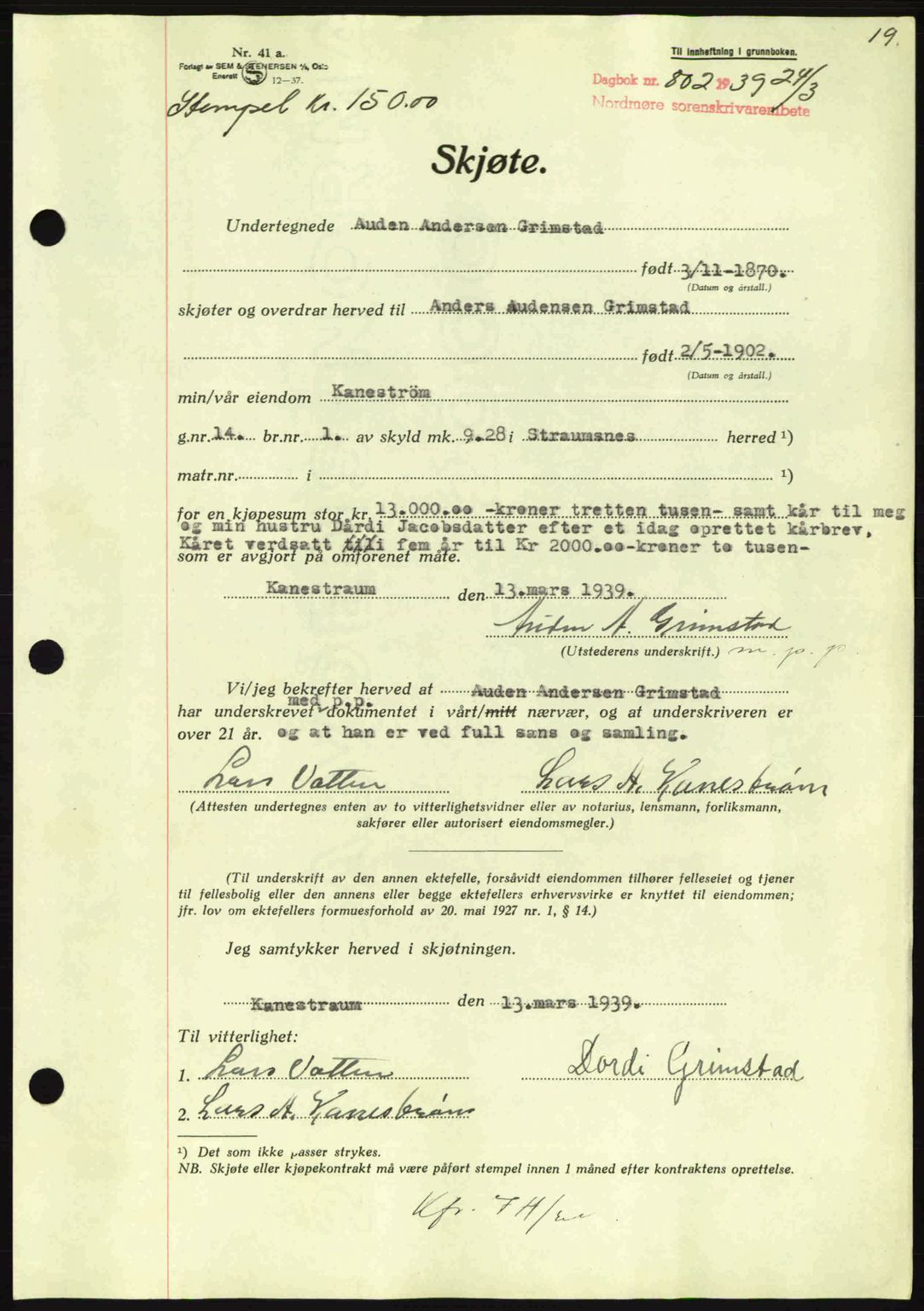 Nordmøre sorenskriveri, SAT/A-4132/1/2/2Ca: Pantebok nr. A86, 1939-1939, Dagboknr: 802/1939