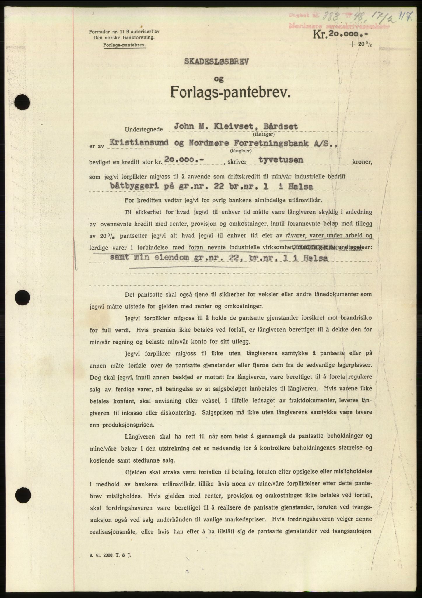Nordmøre sorenskriveri, SAT/A-4132/1/2/2Ca: Pantebok nr. B98, 1948-1948, Dagboknr: 383/1948