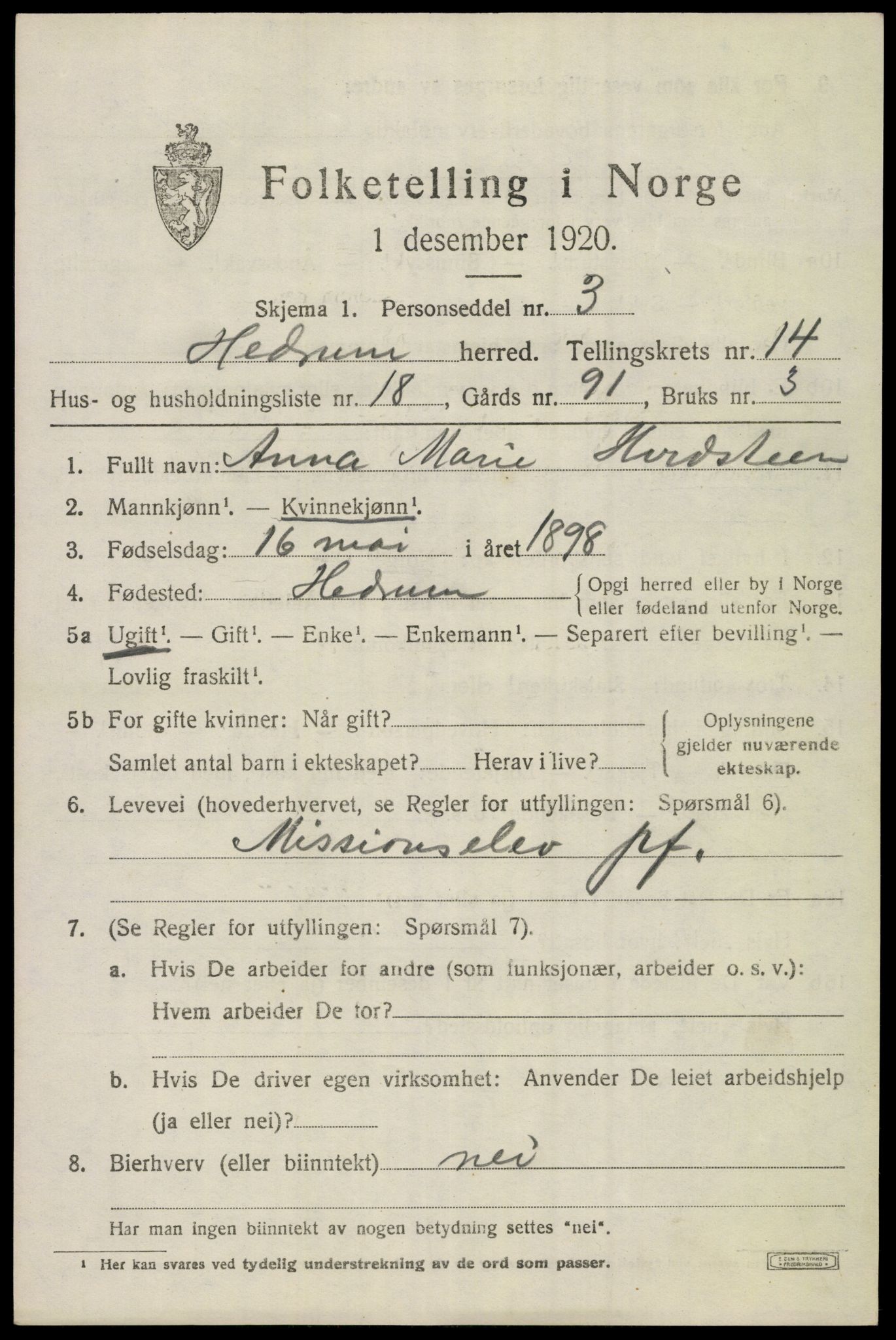 SAKO, Folketelling 1920 for 0727 Hedrum herred, 1920, s. 9283