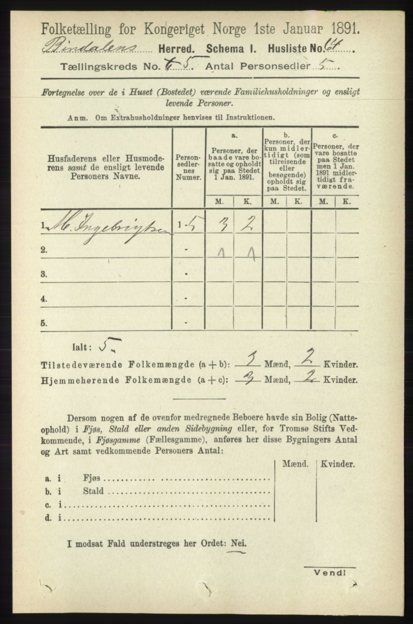 RA, Folketelling 1891 for 1811 Bindal herred, 1891, s. 1333