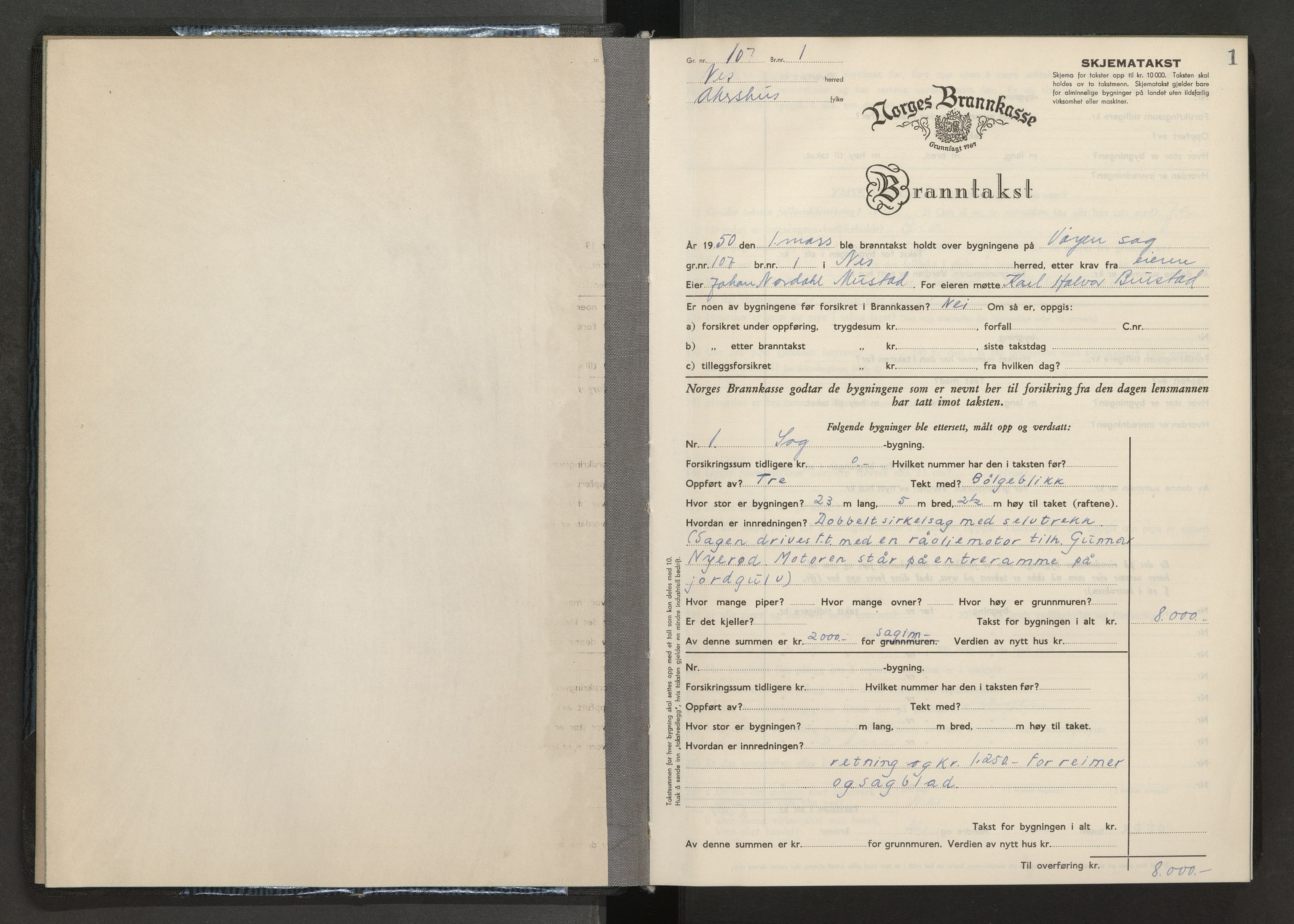 Norges brannkasse, branntakster Nes, AV/SAO-A-11392/F/Fb/L0004: Branntakstprotokoll, 1950-1955