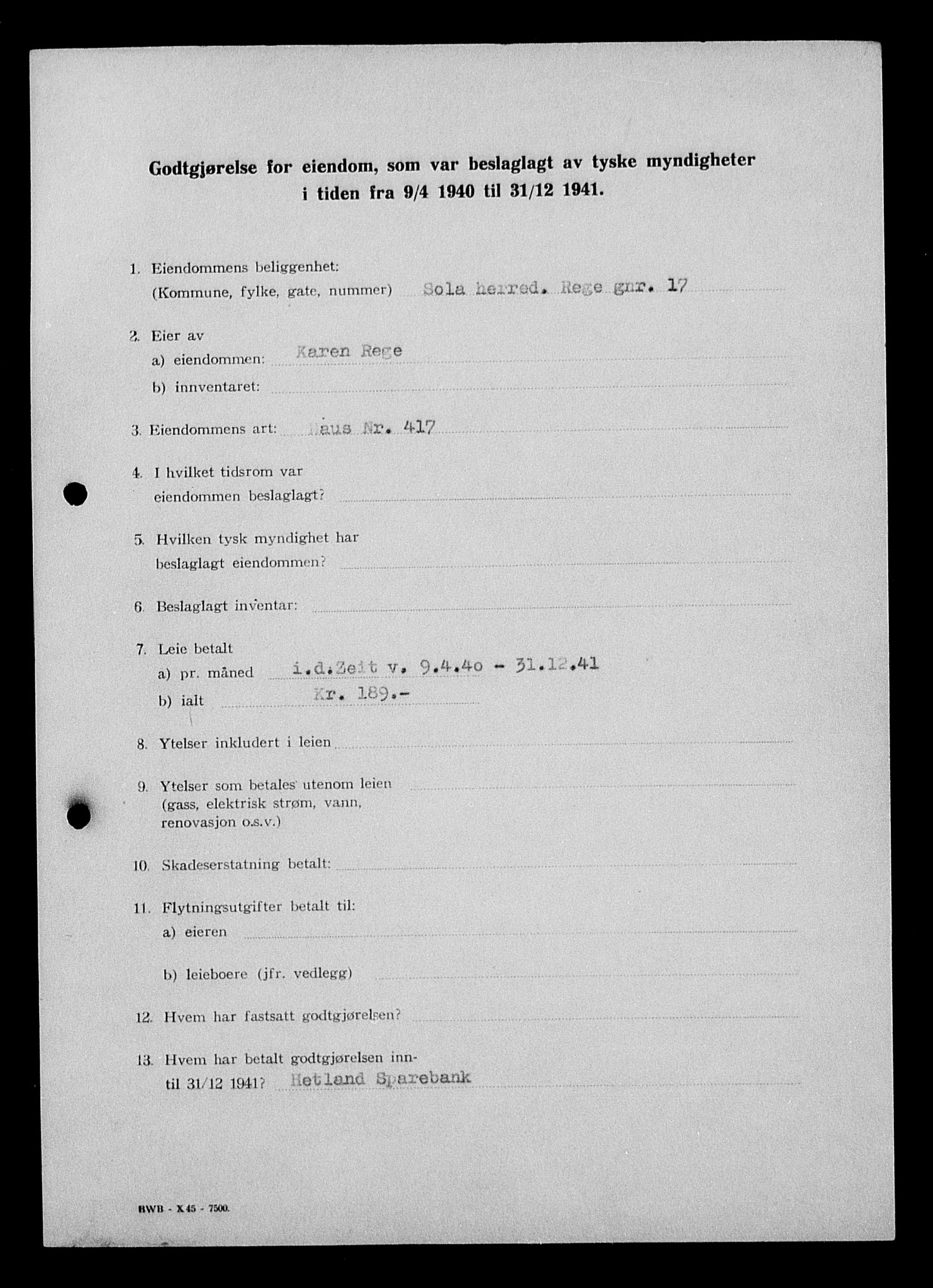 Justisdepartementet, Tilbakeføringskontoret for inndratte formuer, AV/RA-S-1564/I/L1015: Godtgjørelse for beslaglagt eiendom, 1940-1941, s. 83