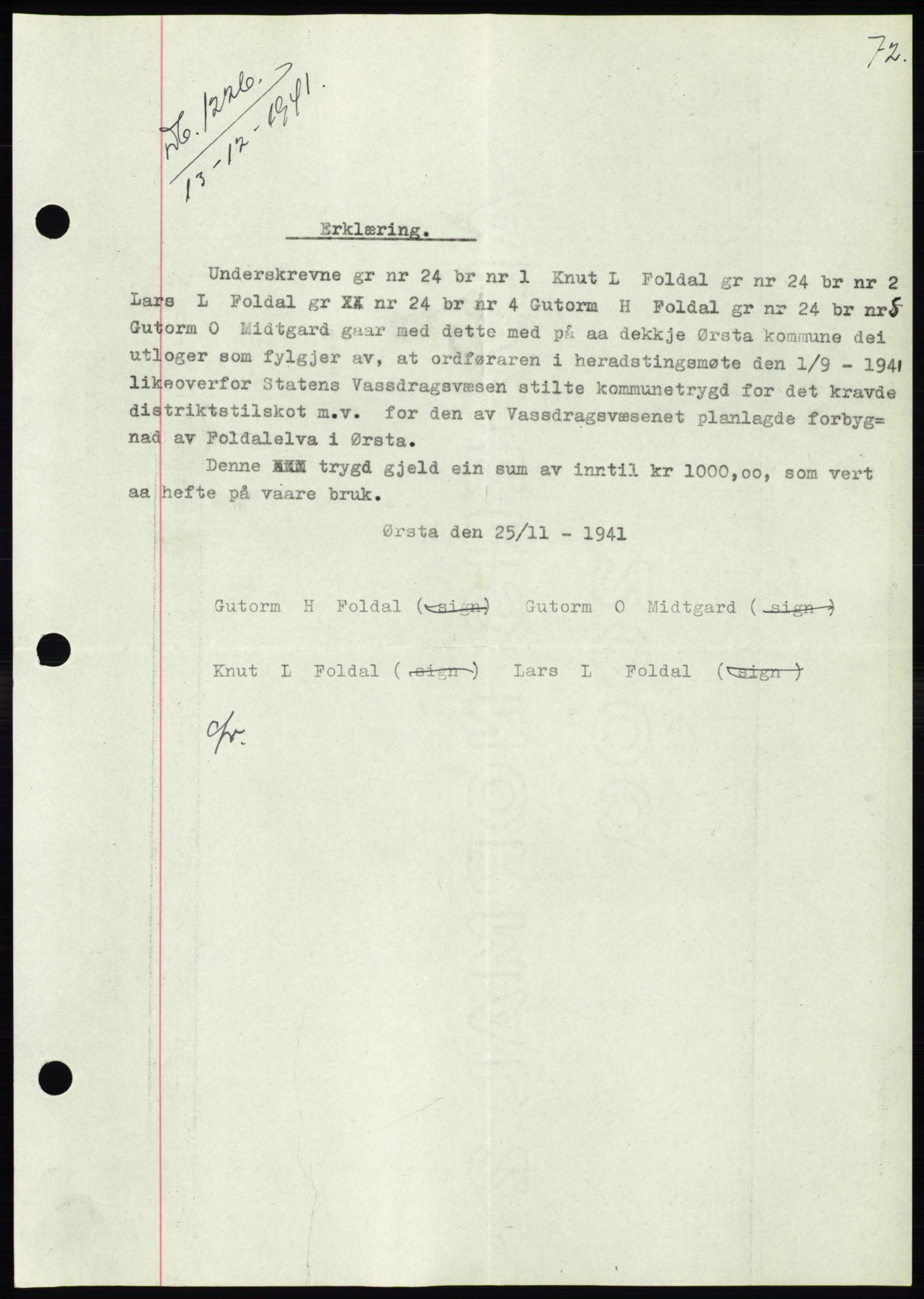 Søre Sunnmøre sorenskriveri, AV/SAT-A-4122/1/2/2C/L0073: Pantebok nr. 67, 1941-1942, Dagboknr: 1226/1941