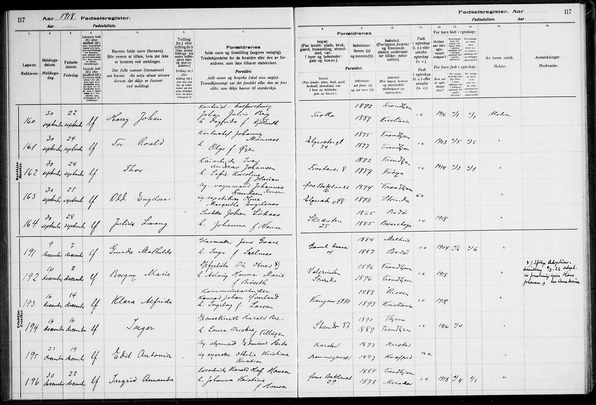 Ministerialprotokoller, klokkerbøker og fødselsregistre - Sør-Trøndelag, SAT/A-1456/600/L0002: Fødselsregister nr. 600.II.4.1, 1916-1920, s. 117