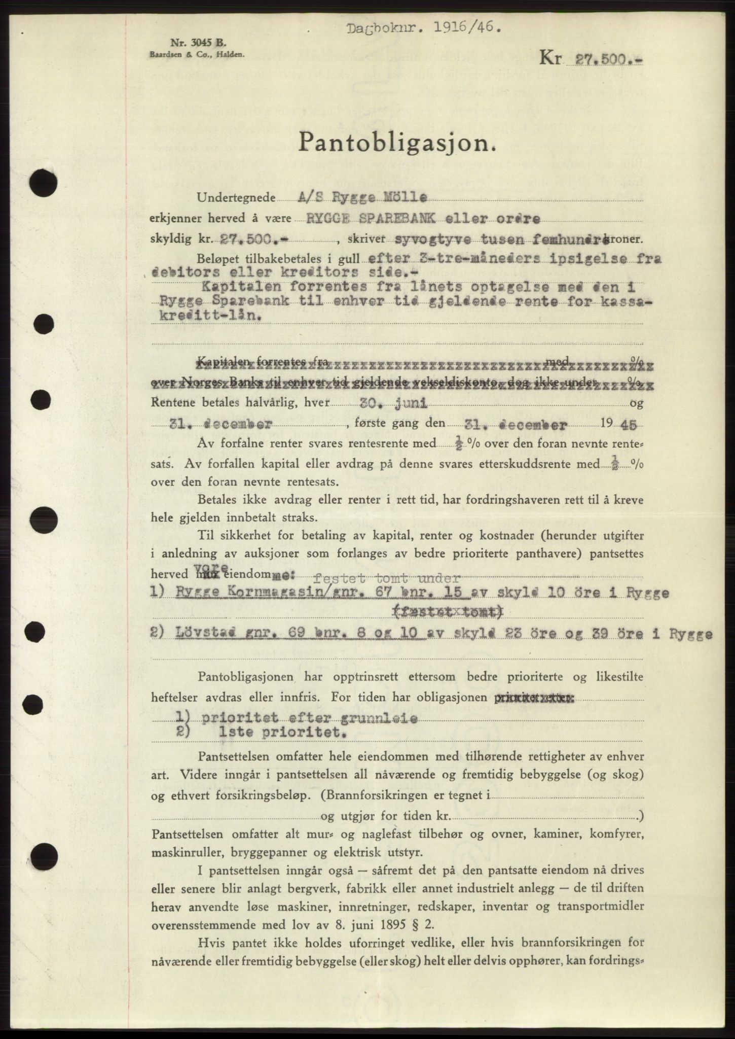 Moss sorenskriveri, SAO/A-10168: Pantebok nr. B15, 1946-1946, Dagboknr: 1916/1946